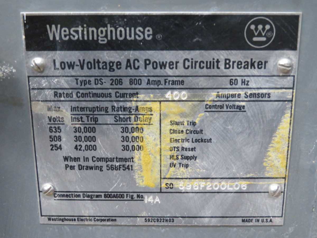 WESTINGHOUSE DS-206 CIRCUIT BREAKERS, 3 POLE, 800 A FRAME, 600 VAC MAX, 42 KA INT CAP - CIRCUIT BREAKERS