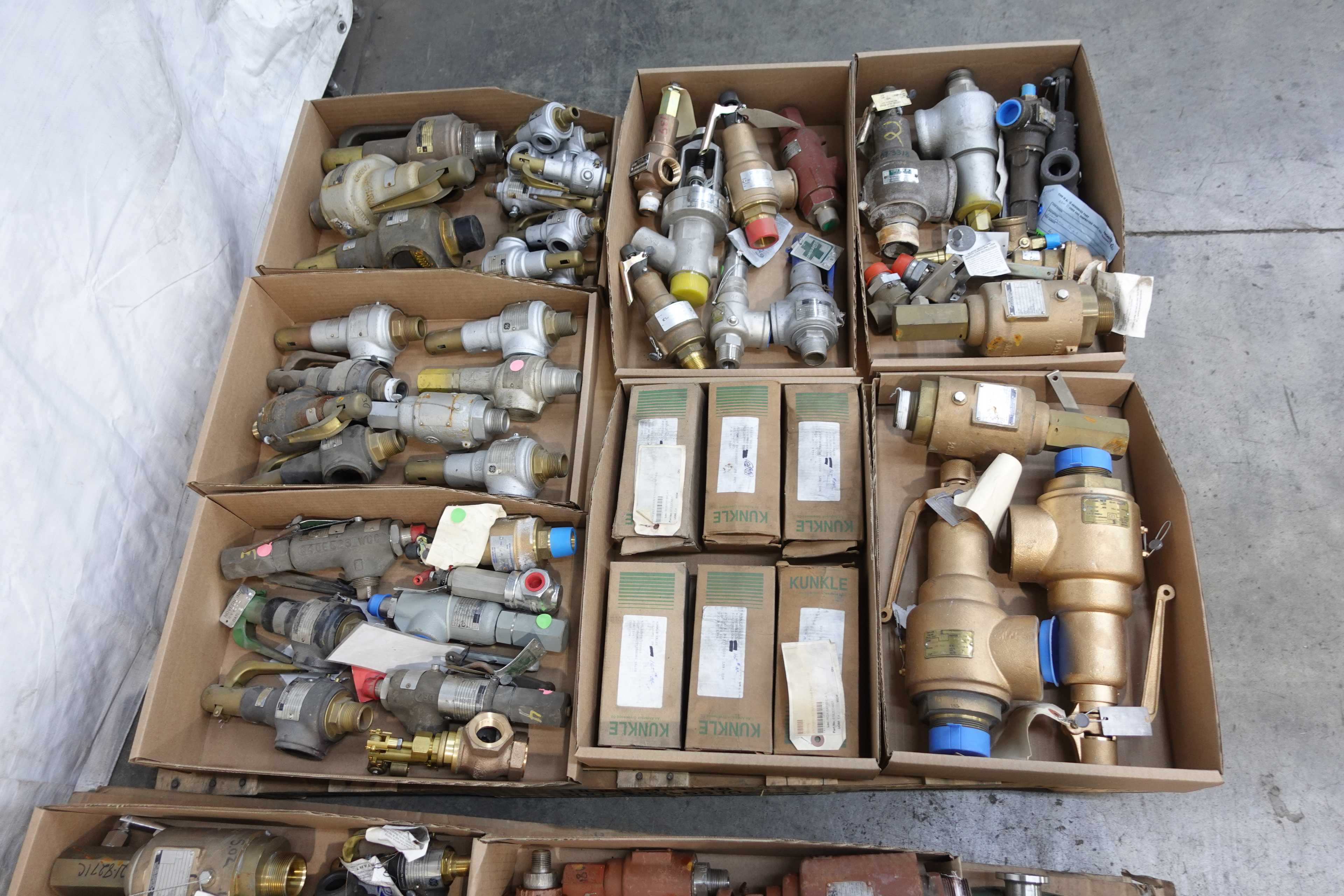 2 PALLETS OF ASSORTED RELIEF VALVES, FULFLO, KUNKLE, FARRIS, CONSOLIDATED, TELEDYNE - RELIEF VALVE