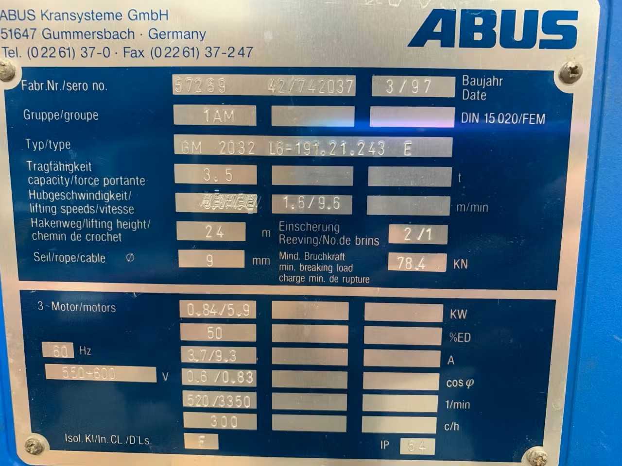 SKU 1761408 - ABUS GM 2032 L6-191.21.243 E WIRE ROPE ELECTRIC HOIST - ELECTRIC HOISTS