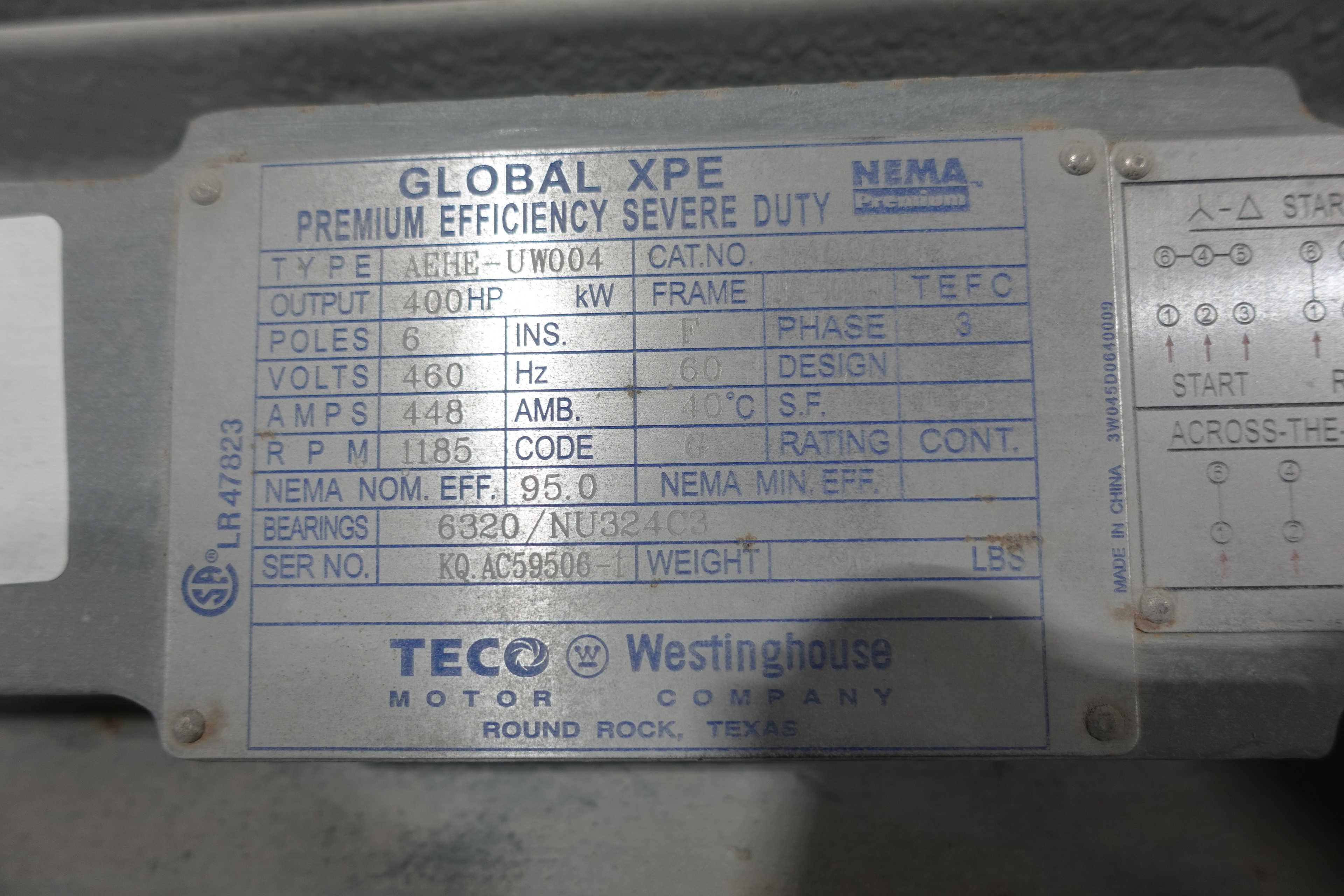 TECO WESTINGHOUSE E4006R GLOBAL XPE PREMIUM EFFICENCY SEVERE DUTY AC MOTOR, 400 HP - AC MOTOR