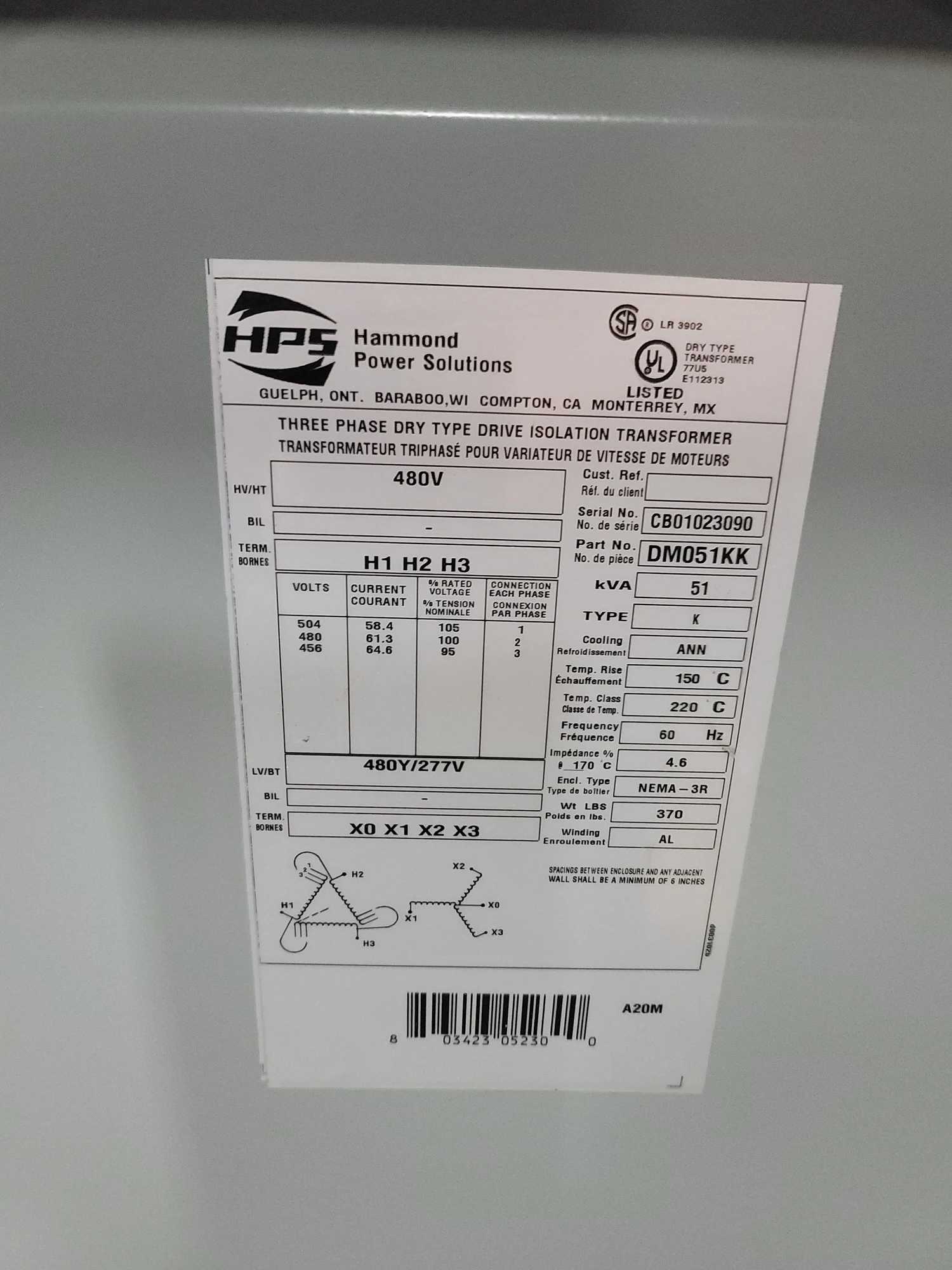 HAMMOND HPS DM051KK DRIVE ISOLATION TRANSFORMER, 51KVA, 480D/480Y 3PH - DRY TRANSFORMERS
