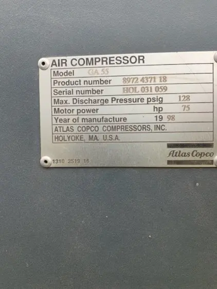 1998 ATLAS COPCO GA55 STATIONARY AIR COMPRESSOR - undefined