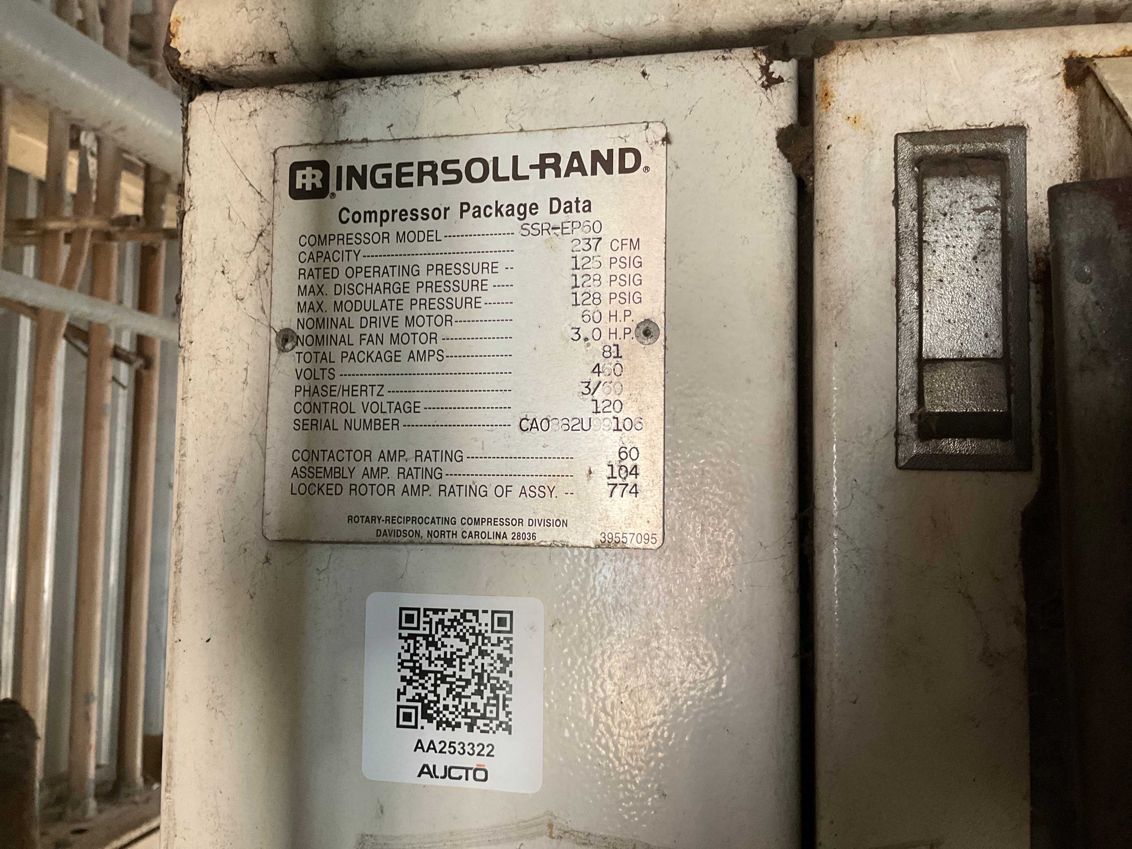INGERSOLL RAND SSR-EP60 STATIONARY AIR COMPRESSOR - STATIONARY AIR COMPRESSOR