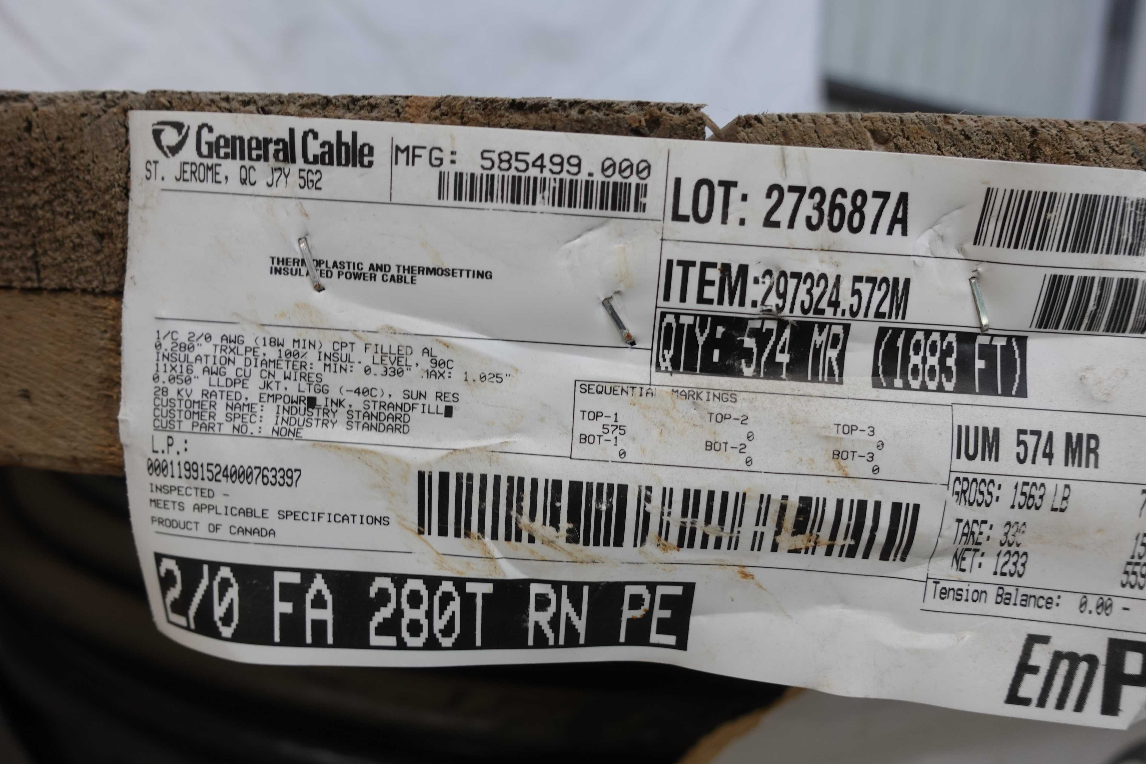 SKU 1722650 - SPOOL OF GENERAL CABLE 2/0 FA 280T RN PE INSULATED POWER CABLE - ELECTRICAL WIRE