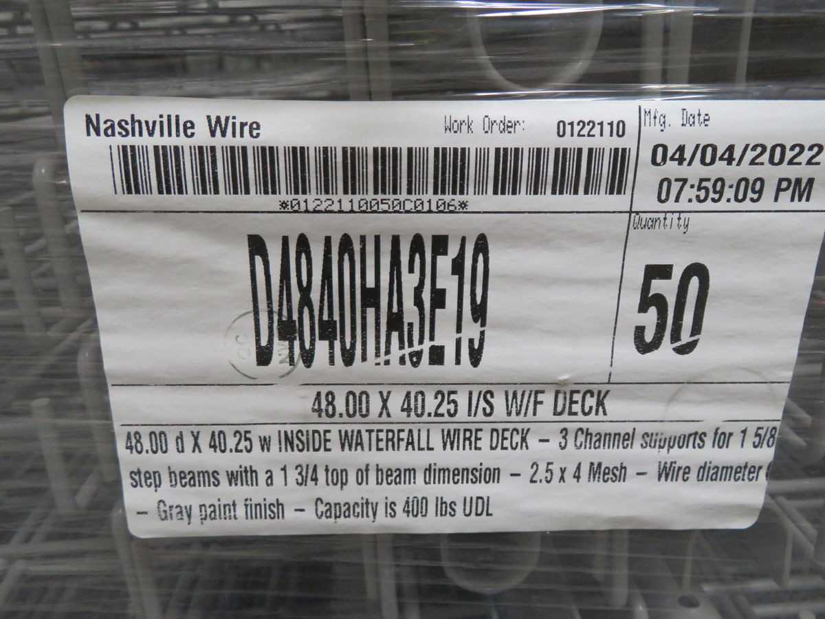 LOT OF 50 NASHVILLE WIRE D4840HA3E19 PALLET RACK 48X40.25 I/S W/F DECK W INSIDE WATERFALL WIRE DECK - PALLET RACKING