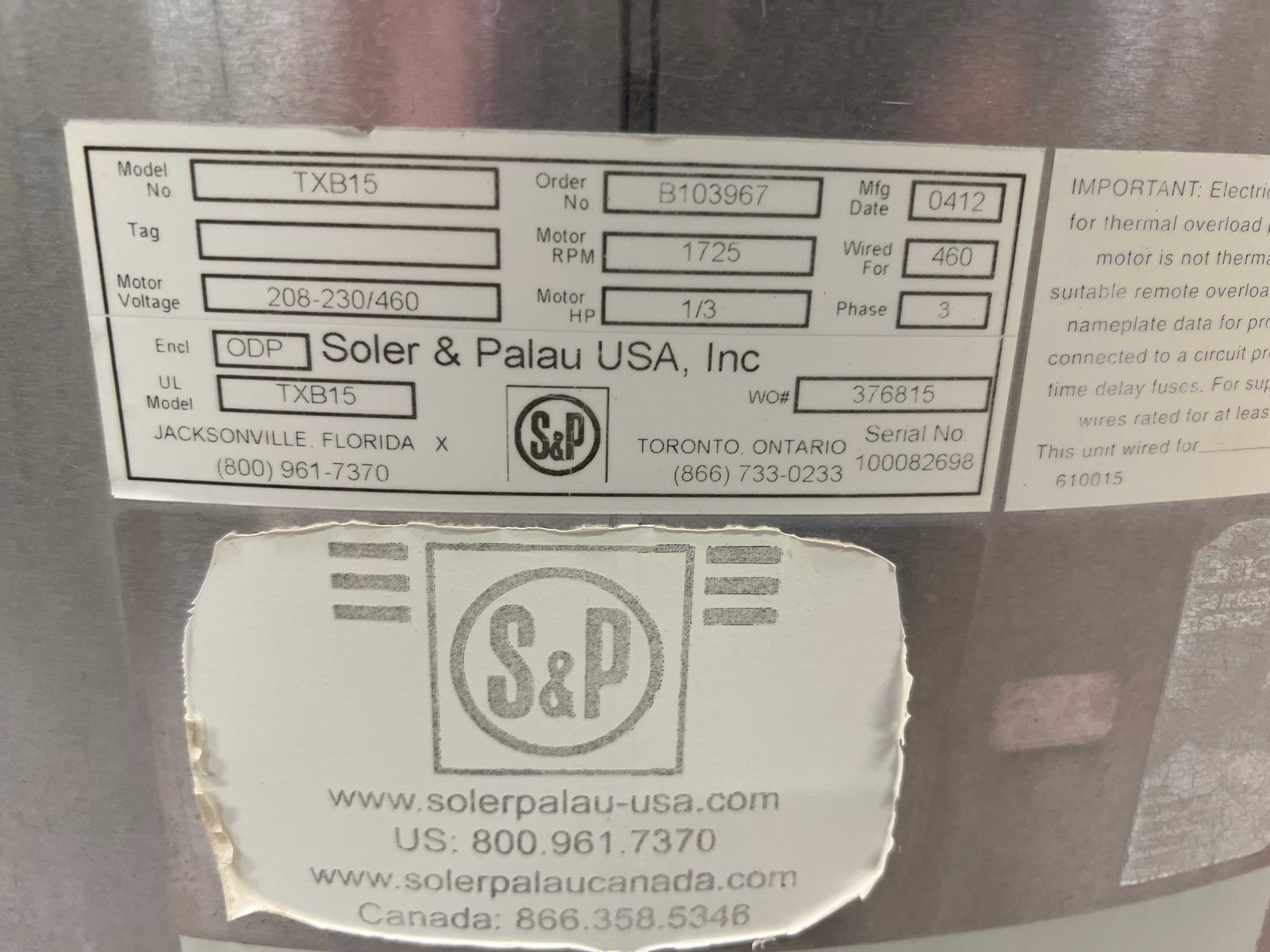 2012 SOLER & PALAU TXB15 CENTRIFUGAL ROOF UPBLAST EXHAUST FAN - EXHAUST FAN