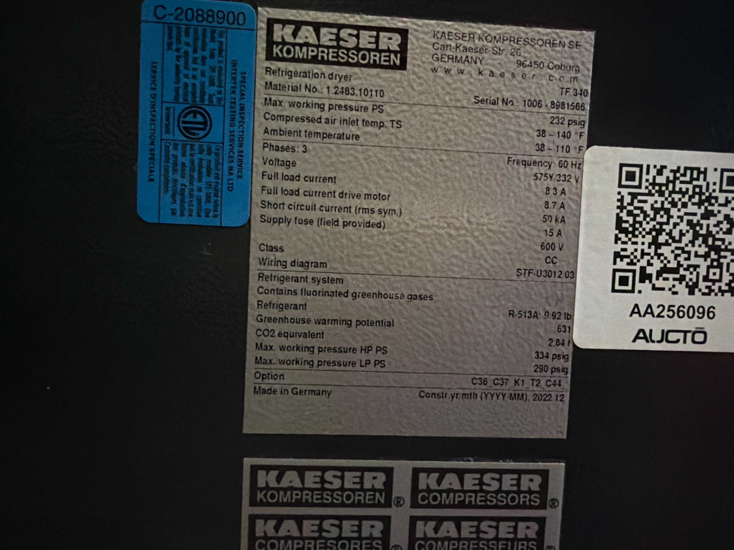 2022 KAESER TF 340 AIR DRYER, 1130-1200 SCFM, 232 PSIG, R-513A, 460/575V - AIR DRYERS