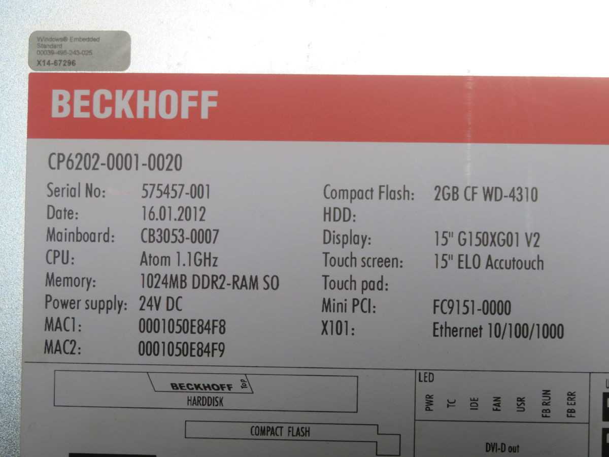 BECKHOFF CP6202-0001-0020 CONTROL PANELS INTERFACES, 15 INCH SCREEN, 1.6 GHZ CPU - HMIS & DISPLAYS