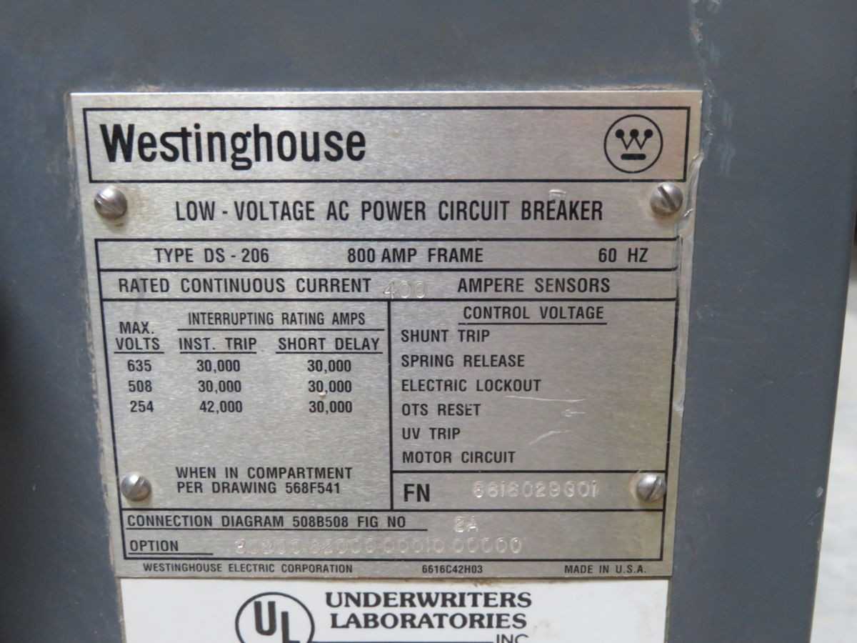 WESTINGHOUSE DS-206 CIRCUIT BREAKER, 800A RATING, 600VAC RATING, 60HZ RATING, 3-POLE, DRAW-OUT, 35 KAIC - CIRCUIT BREAKERS