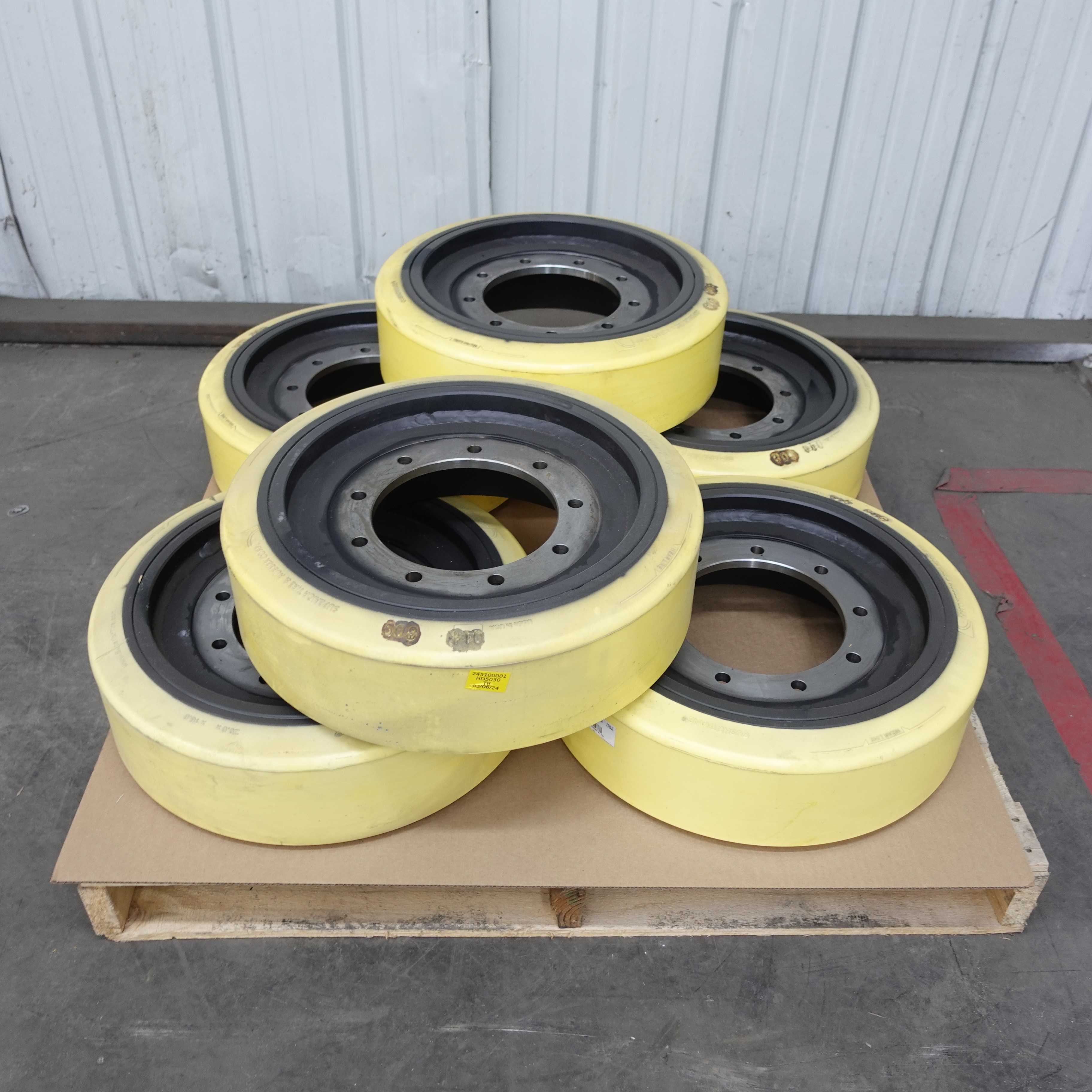SKU 1737639 - LOT OF 6 SUPERIOR DM03-508-PF 20X6X16 CUSHOTHANE XL TSW WHEELS - MATERIAL HANDLING EQUIPMENT