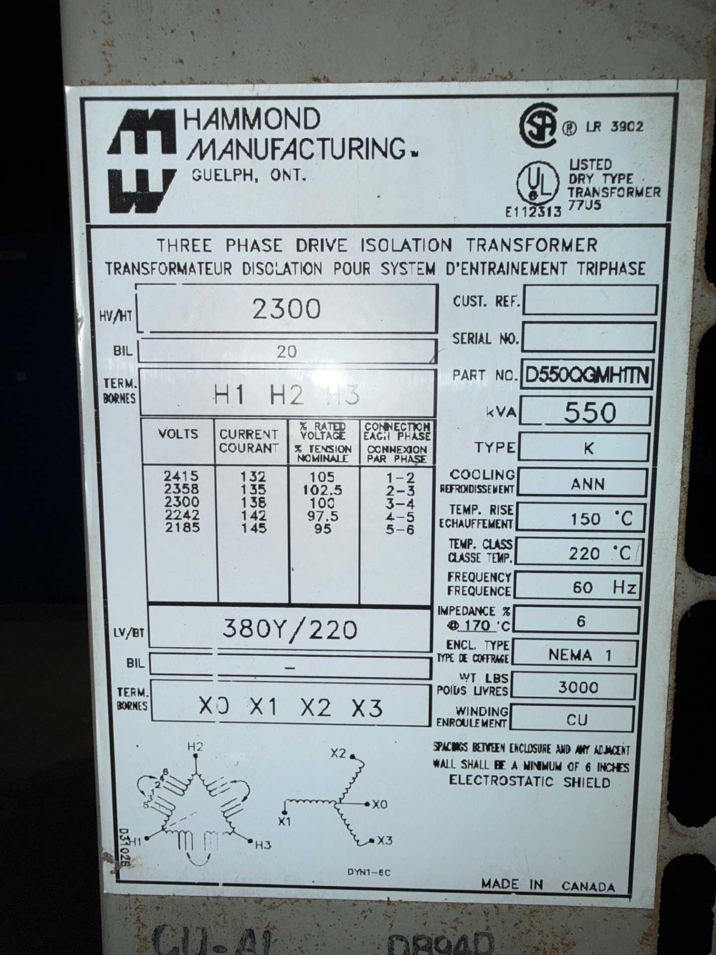 Hammond Manufacturing D550QGMHTTN 550 kVA Dry Transformer - DRY TRANSFORMERS