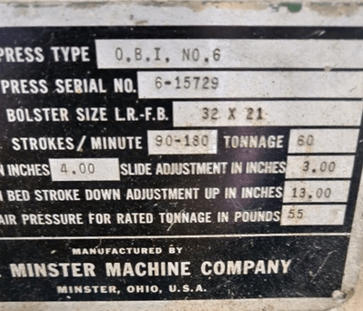 60 TON MINSTER O.B.I. PRESS, 4" STROKE, 13" SHUT HEIGHT, 90-180 SPM, 7.5 HP MOTOR - MECHANICAL PRESSES