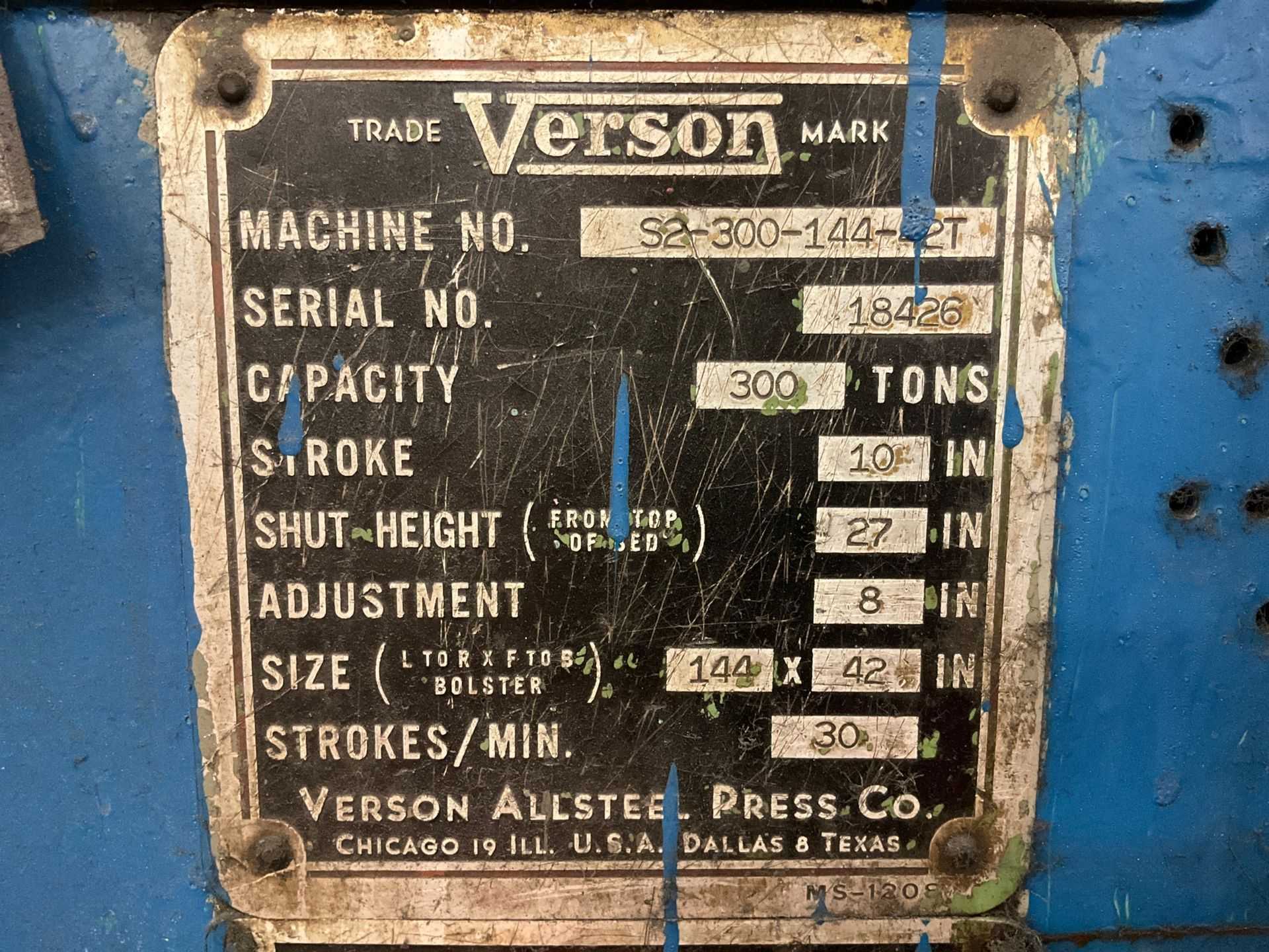 1965 VERSON S2-300-144 300 TON MECHANICAL PRESS - MECHANICAL STAMPING PRESSES