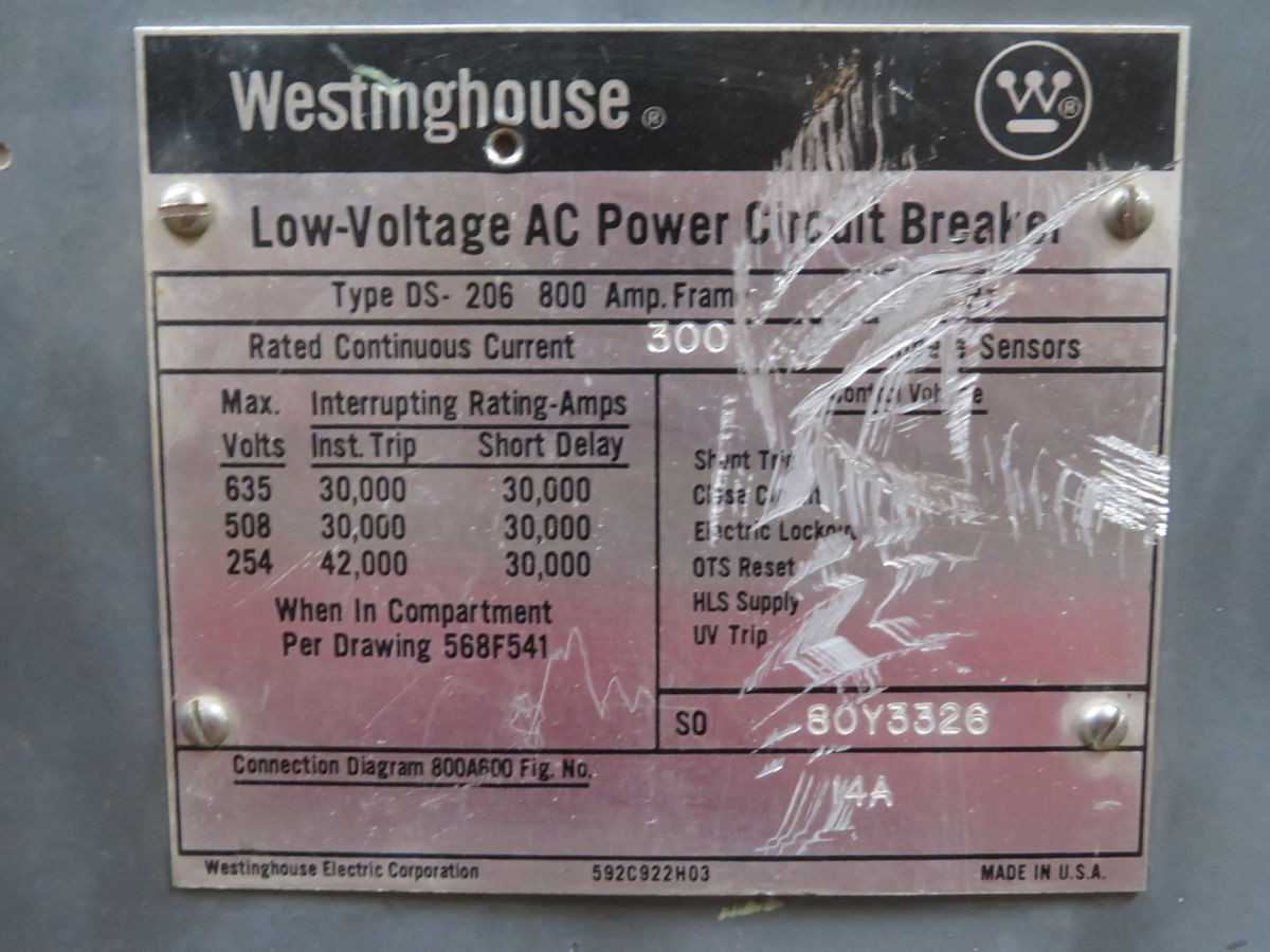 WESTINGHOUSE DS-206 CIRCUIT BREAKERS, 3 POLES, 800 A CURRENT, 600 VAC VOLTAGE, 42 KA IC - CIRCUIT BREAKERS