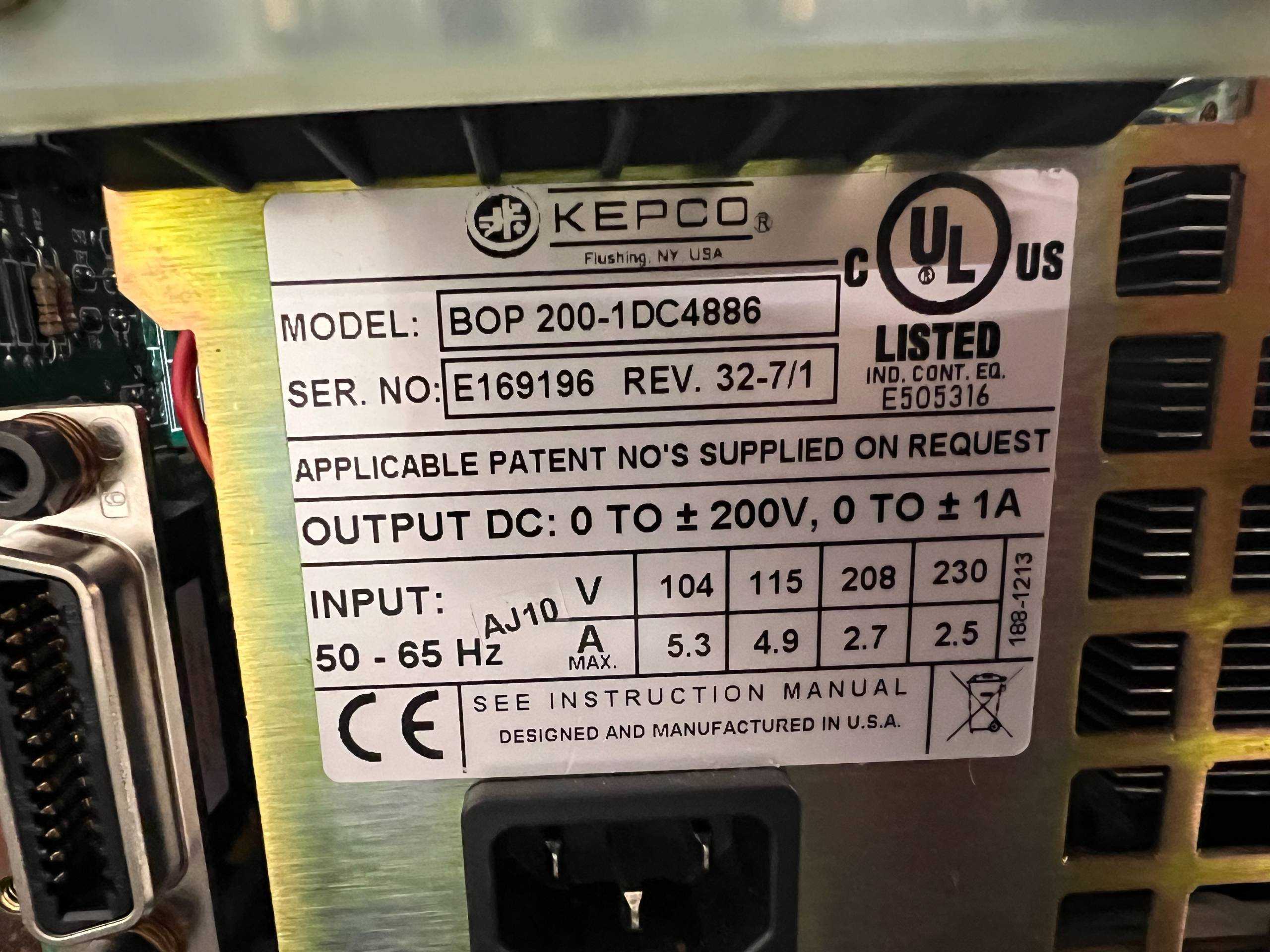 2022 KEPCO POWER BOP 200-1DC4886 POWER SUPPLY - POWER SUPPLIES