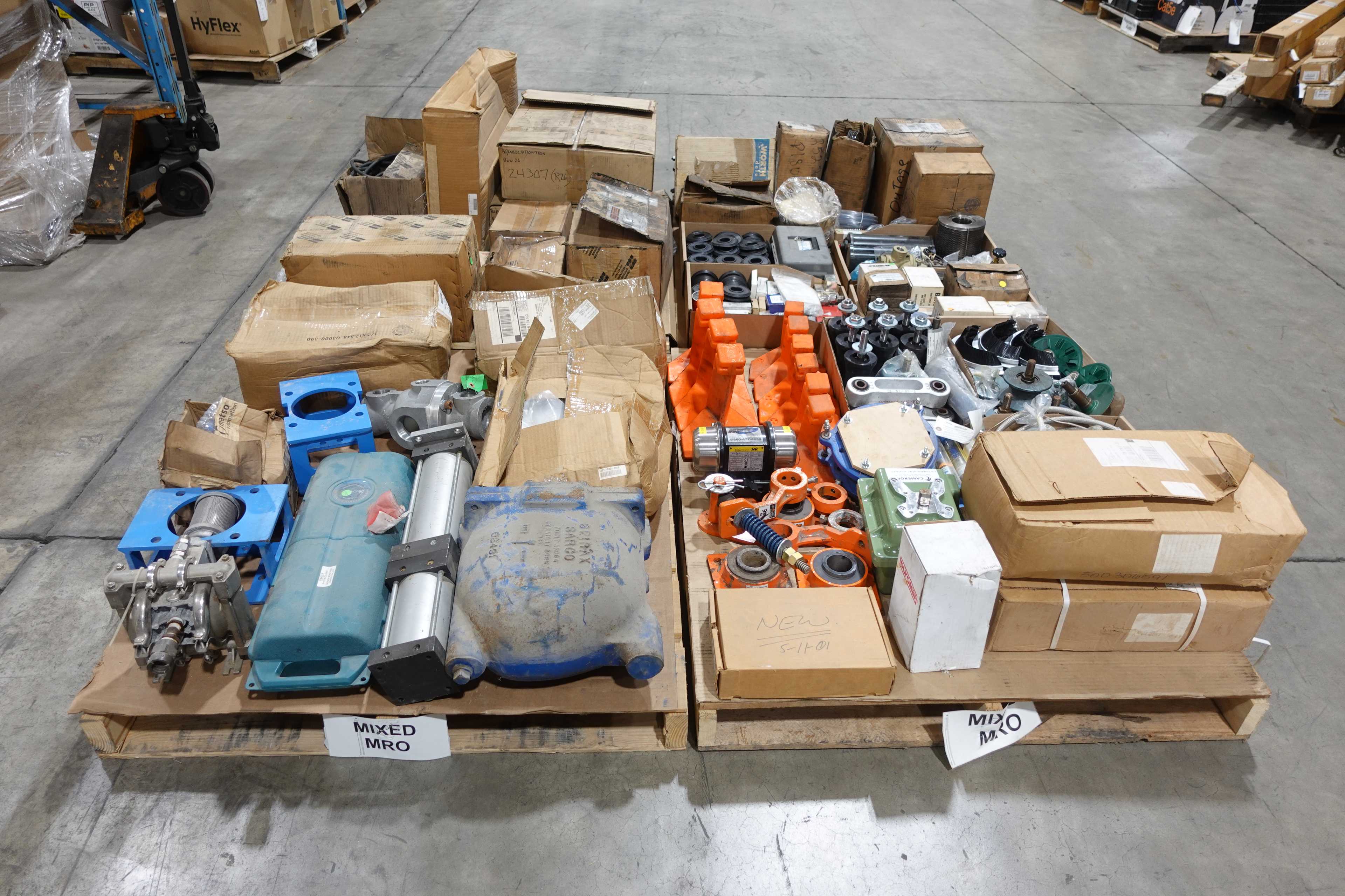 4 PALLETS OF MIXED MRO, VALVES AND VALVE PARTS, VIBRATORS, CONVEYOR PARTS, PNEUMATICS, FILTERS