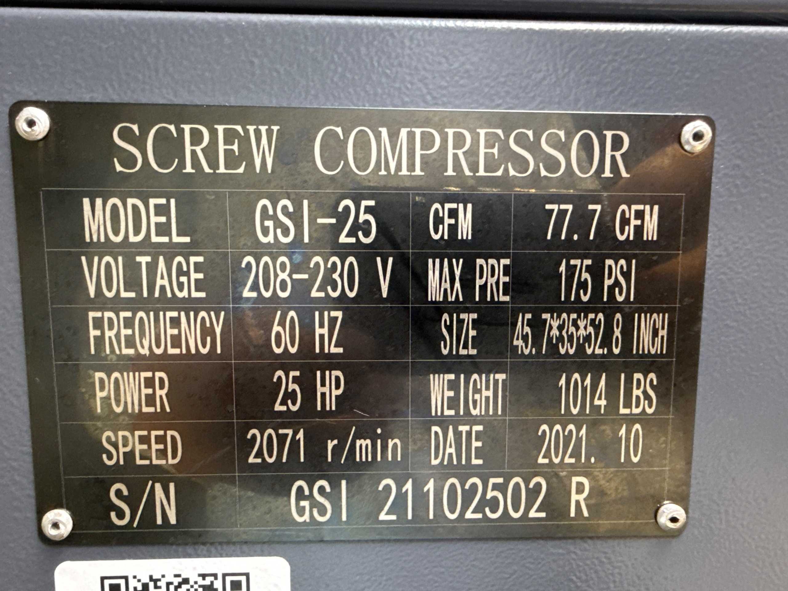 STANDARD INDUSTRIAL GSI-25 ROTARY SCREW AIR COMPRESSOR 25HP, 116CFM, 100-175 PSI - AIR COMPRESSORS