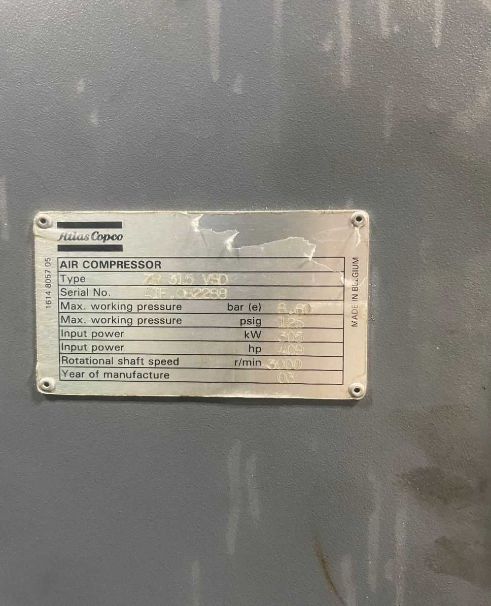 2003 ATLAS COPCO ZR 315 VSD STATIONARY AIR COMPRESSOR WITH DRYER - STATIONARY AIR COMPRESSOR