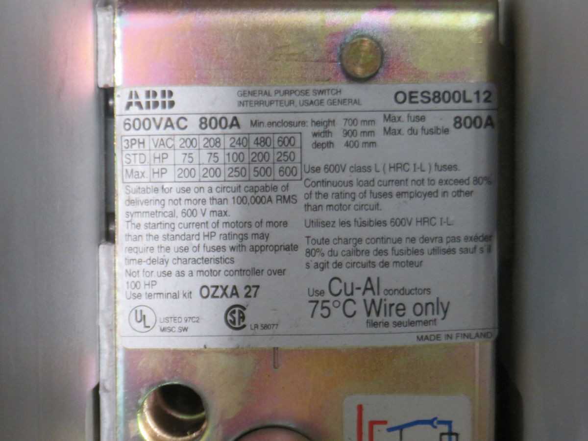 ABB OES800L12 Disconnect Switches, 3 Pole, 800A Current, 600VAC Voltage, 50/60Hz Frequency, AC-23A Category - SWITCHES