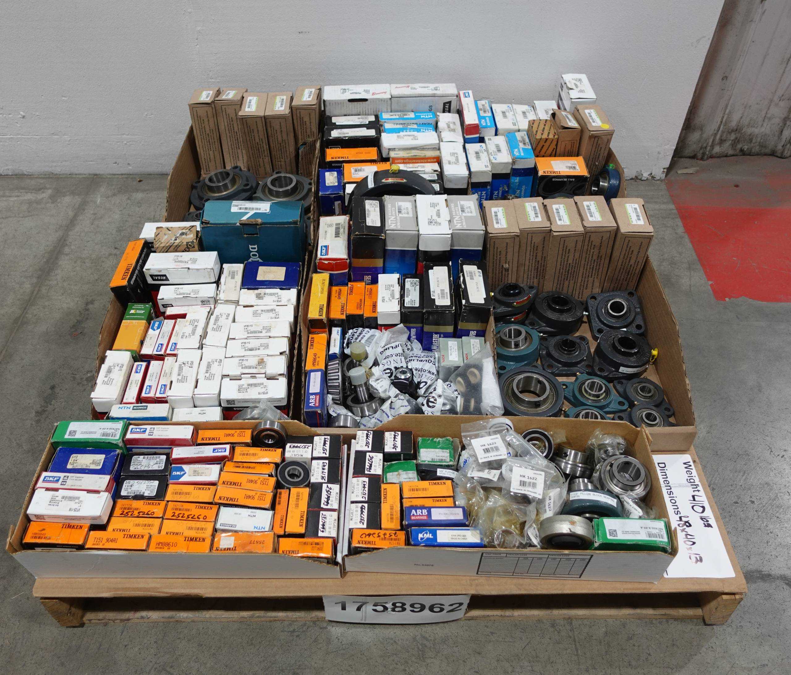 SKU 1758962 - PALLET OF ASSORTED BEARINGS, MOUNTED, INSERT, ROLLER, ROD-END, CAM FOLLOWERS