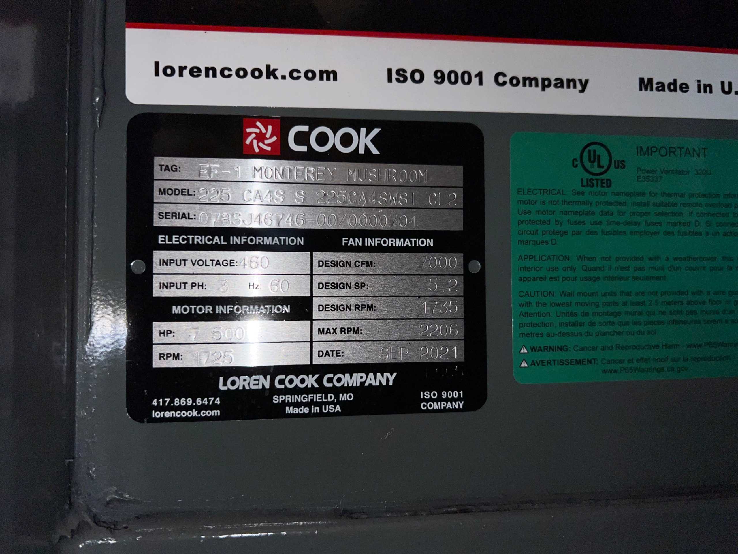 LOREN COOK 225 CA4S S 225CA4SWSI CL2 CENTRIFUGAL BLOWER - CENTRIFUGAL BLOWER