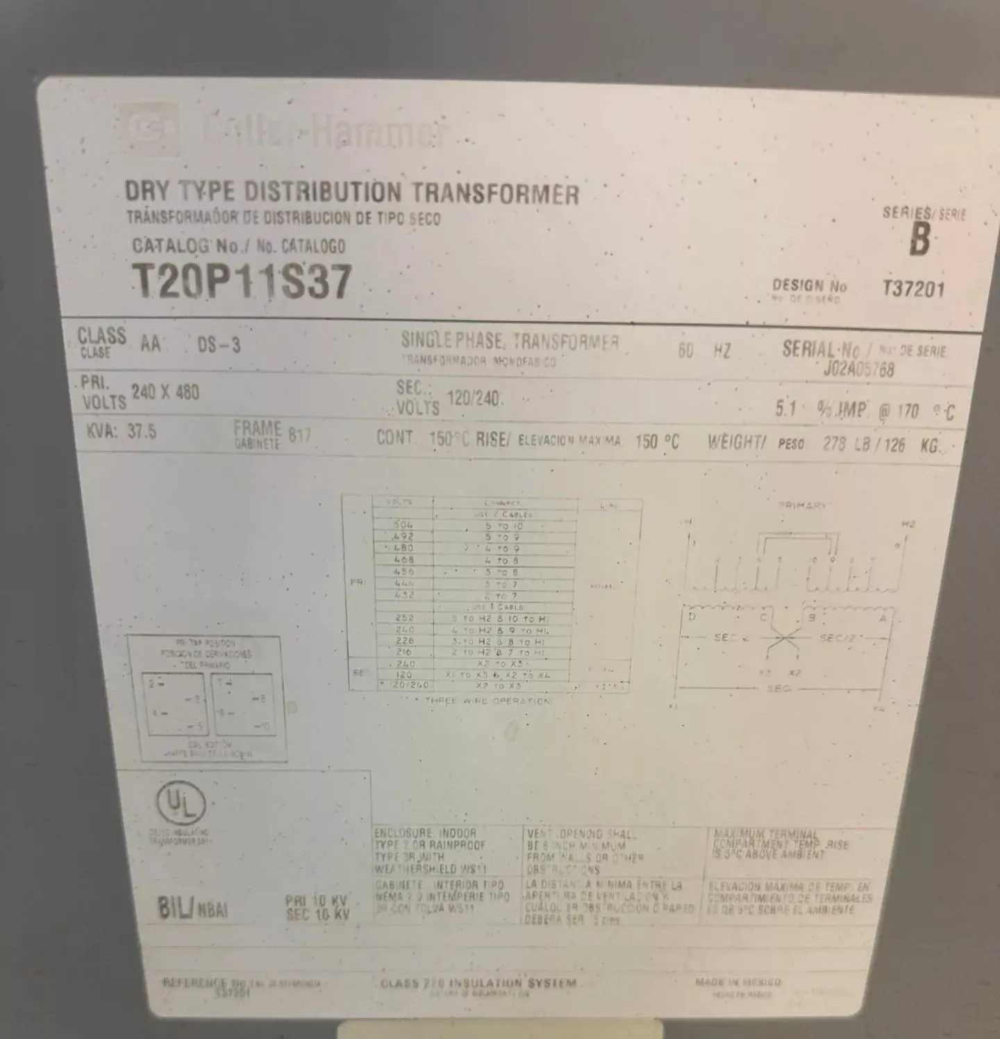 EATON CUTLER-HAMMER T20P11S37 TRANSFORMER, 37.5 KVA, 1PH, 240X480V/120/240V, 150C RISE, 300 LBS - DRY TRANSFORMERS
