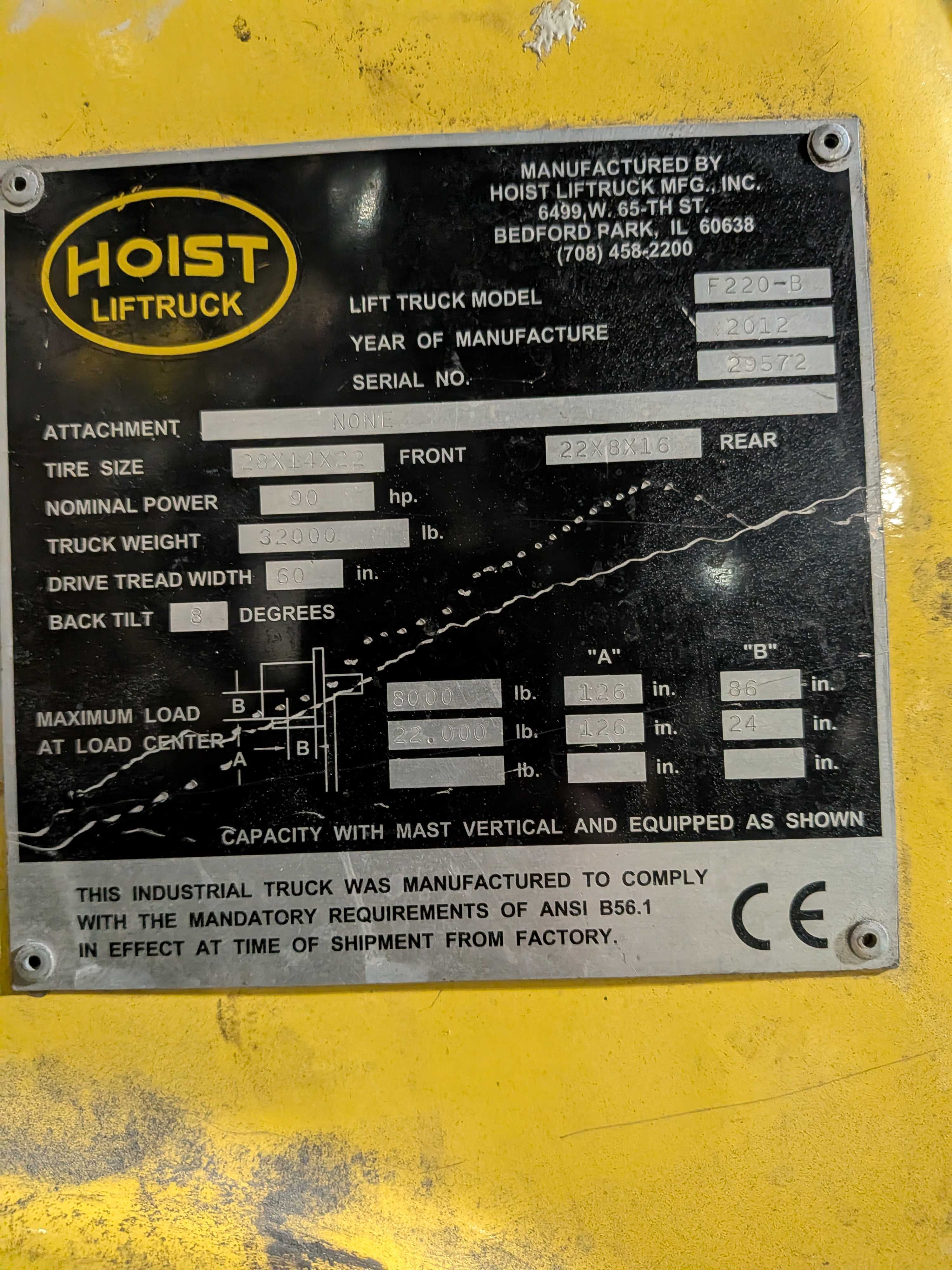 2012 HOIST F220-B CUSHION TIRE FORKLIFT, 22,000 LBS, GM 4.3L V6 LPG - SIT-DOWN FORKLIFTS