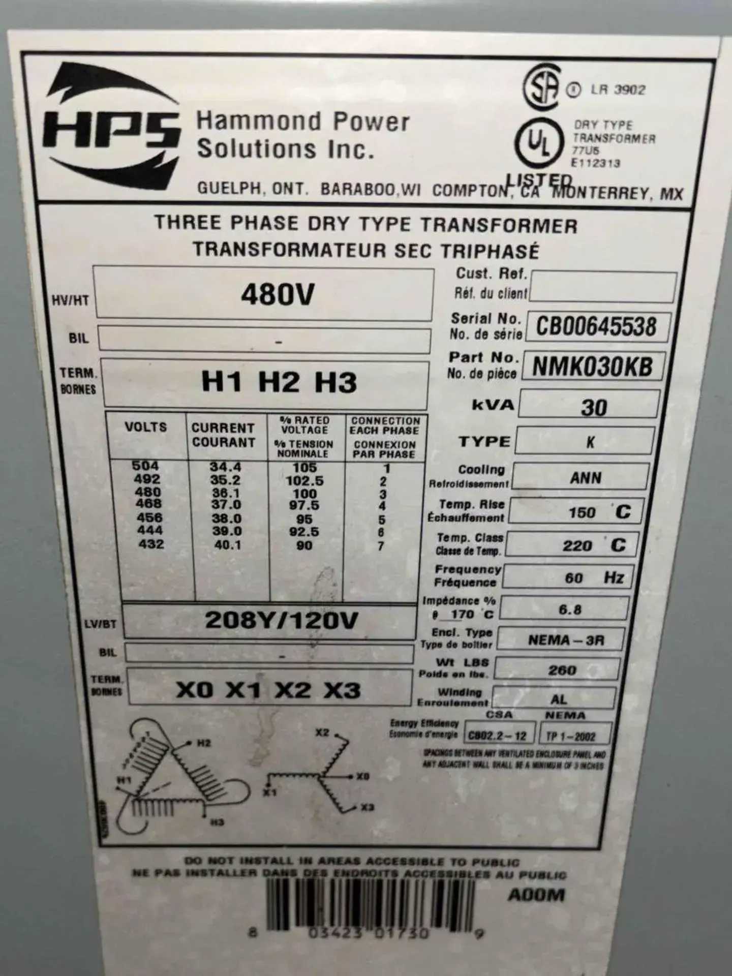 HAMMOND POWER SOLUTIONS NMK030KB TRANSFORMER, 30 KVA, 480V DELTA TO 208Y/120V, 3PH, NEMA 3R - DRY TRANSFORMERS