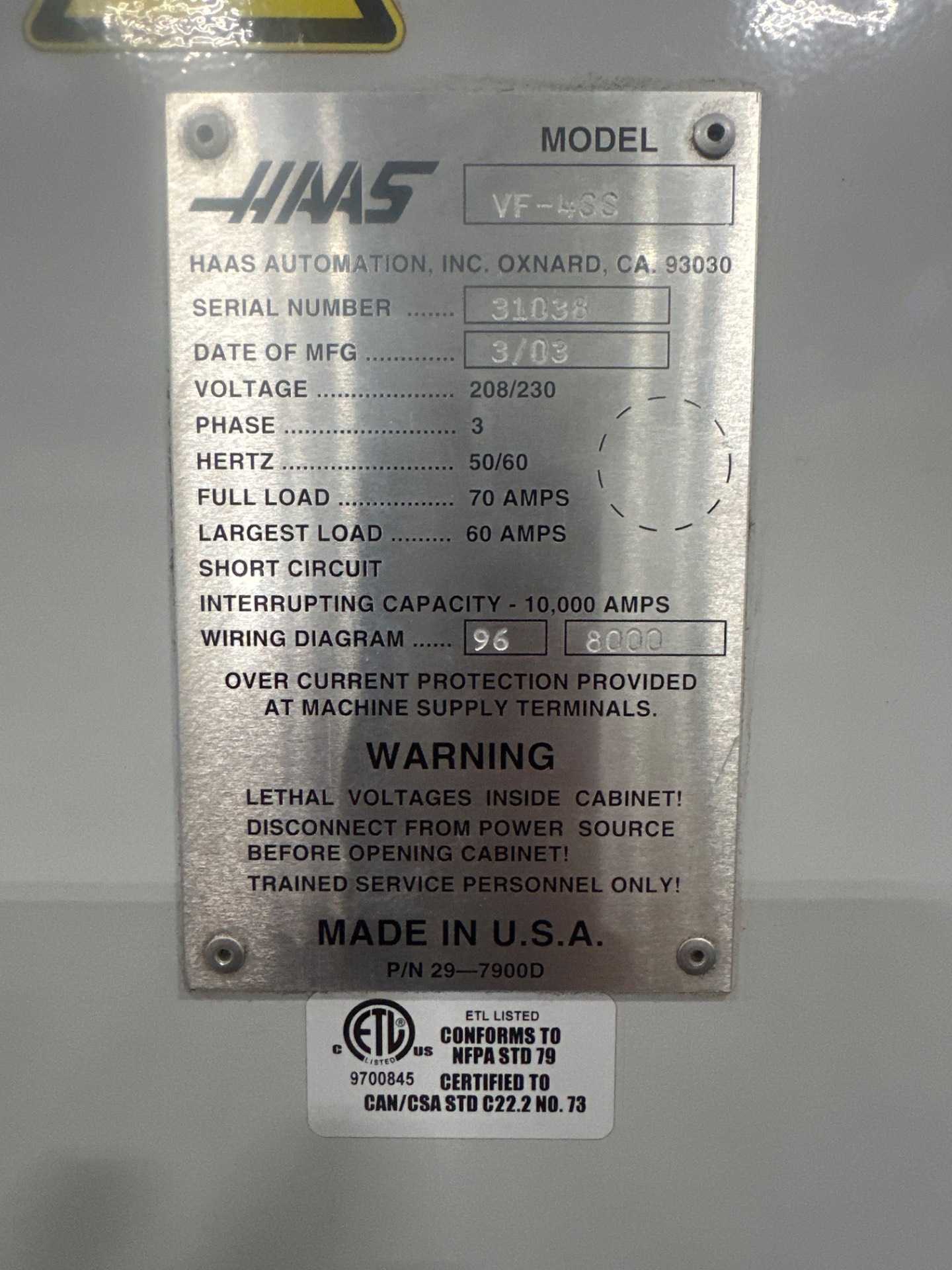 2003 HAAS VF-4SS VMC, 50X20X25IN, 12K RPM, 30HP, 40-TAPER, 30+1 ATC, 1,400 IPM RAPIDS - VERTICAL MACHINING CENTERS