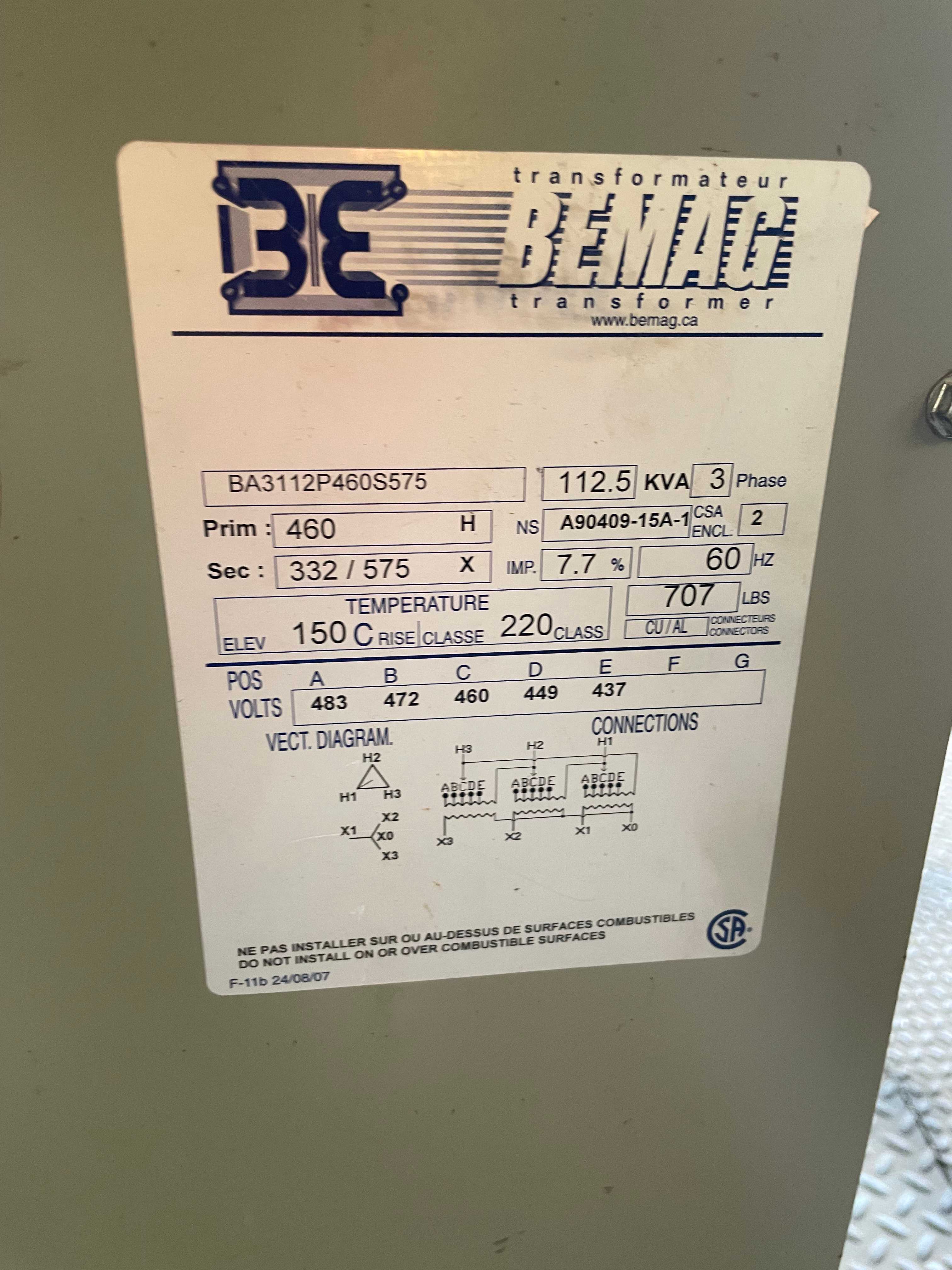 BEMAG BA3112P460S575 DRY POWER DISTRIBUTION TRANSFORMER - DRY TRANSFORMERS