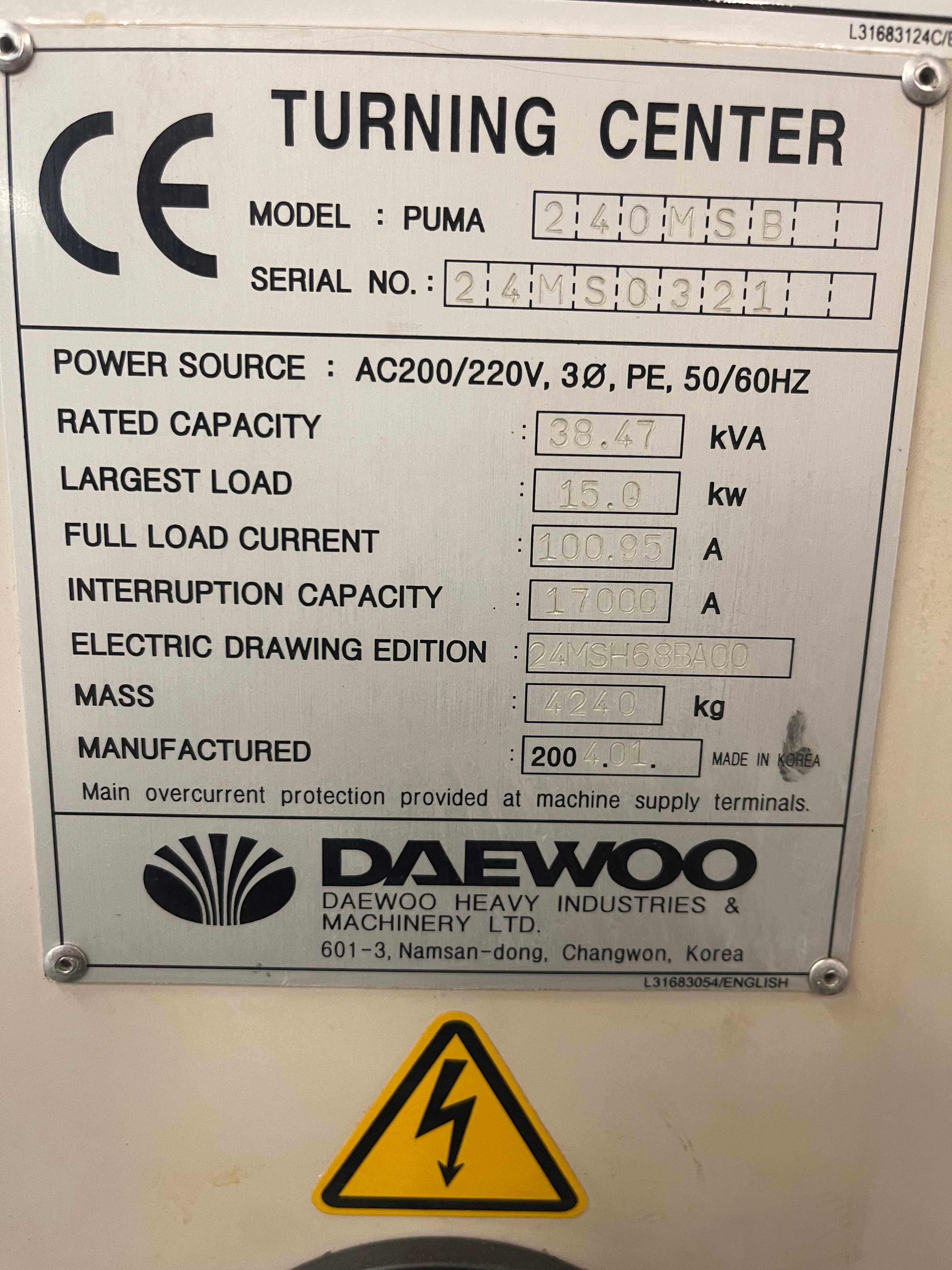 DAEWOO PUMA 240MSB HORIZONTAL TURNING CENTER - HORIZONTAL TURNING CENTER