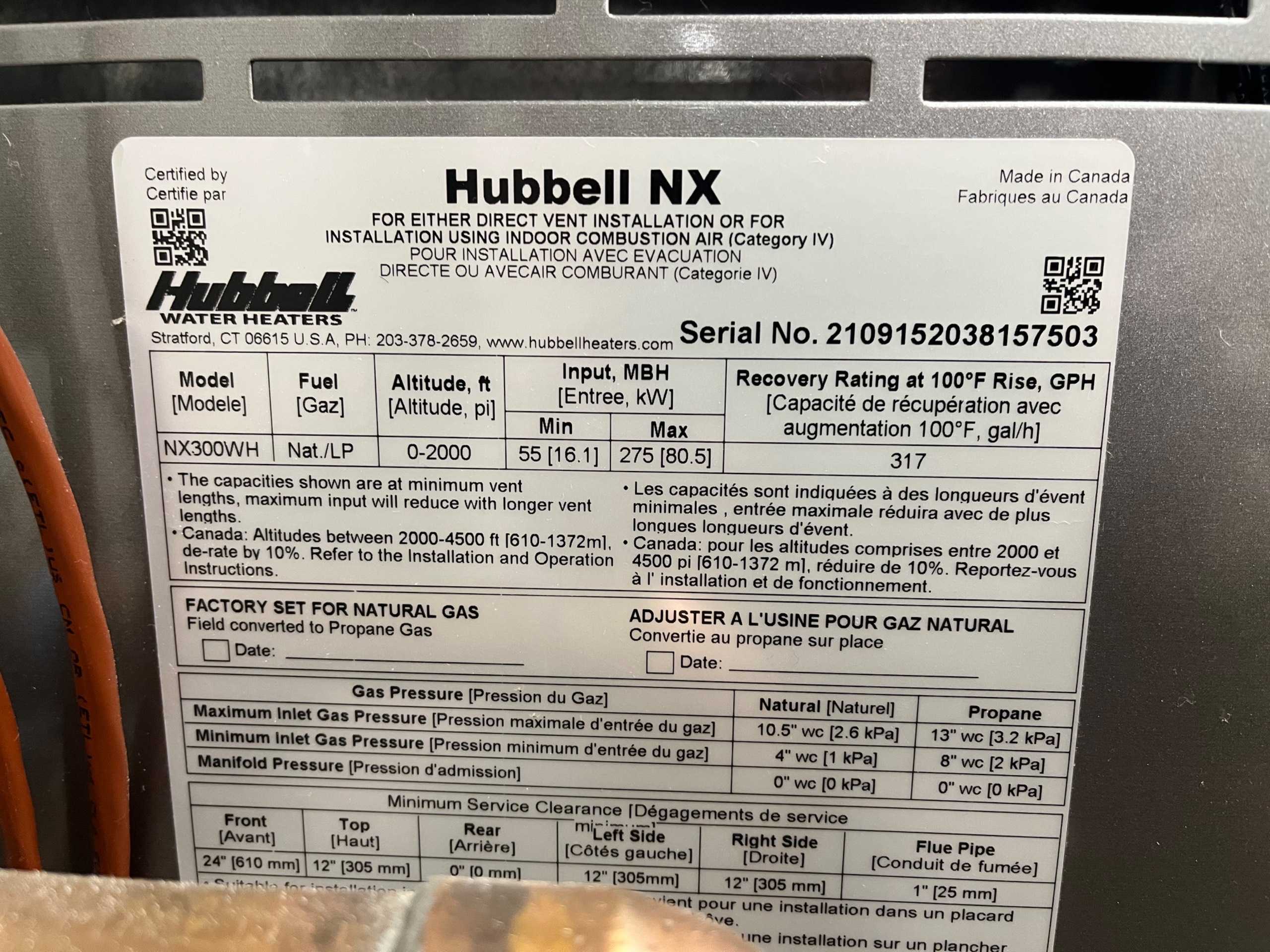 HUBBELL NX300WH WATER HEATER - INDUSTRIAL TANKED WATER HEATER