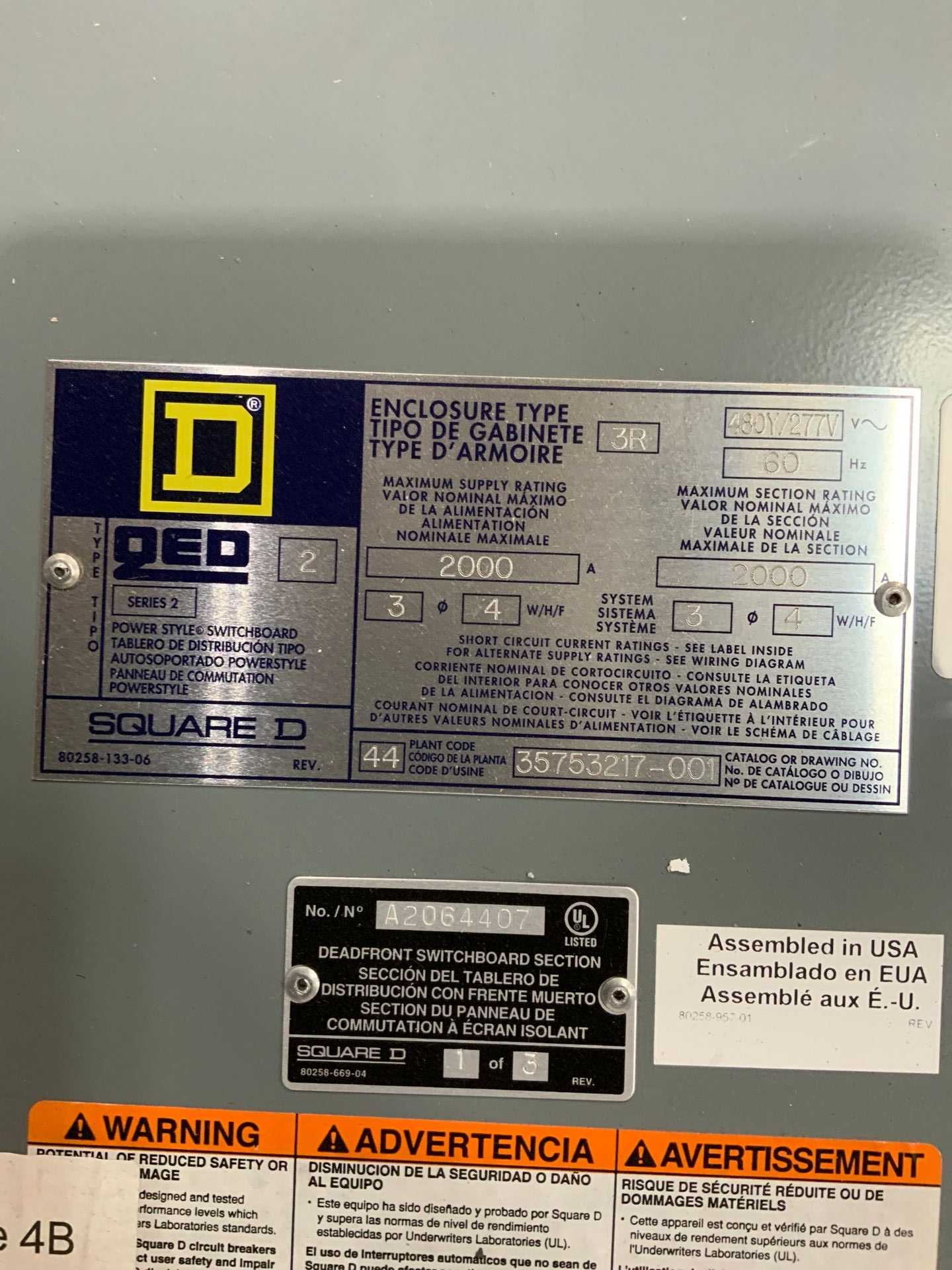 SQUARE D 2000 AMP 35753217-001 POWER DISTRIBUTION PANEL - POWER DISTRIBUTION SWITCHGEAR