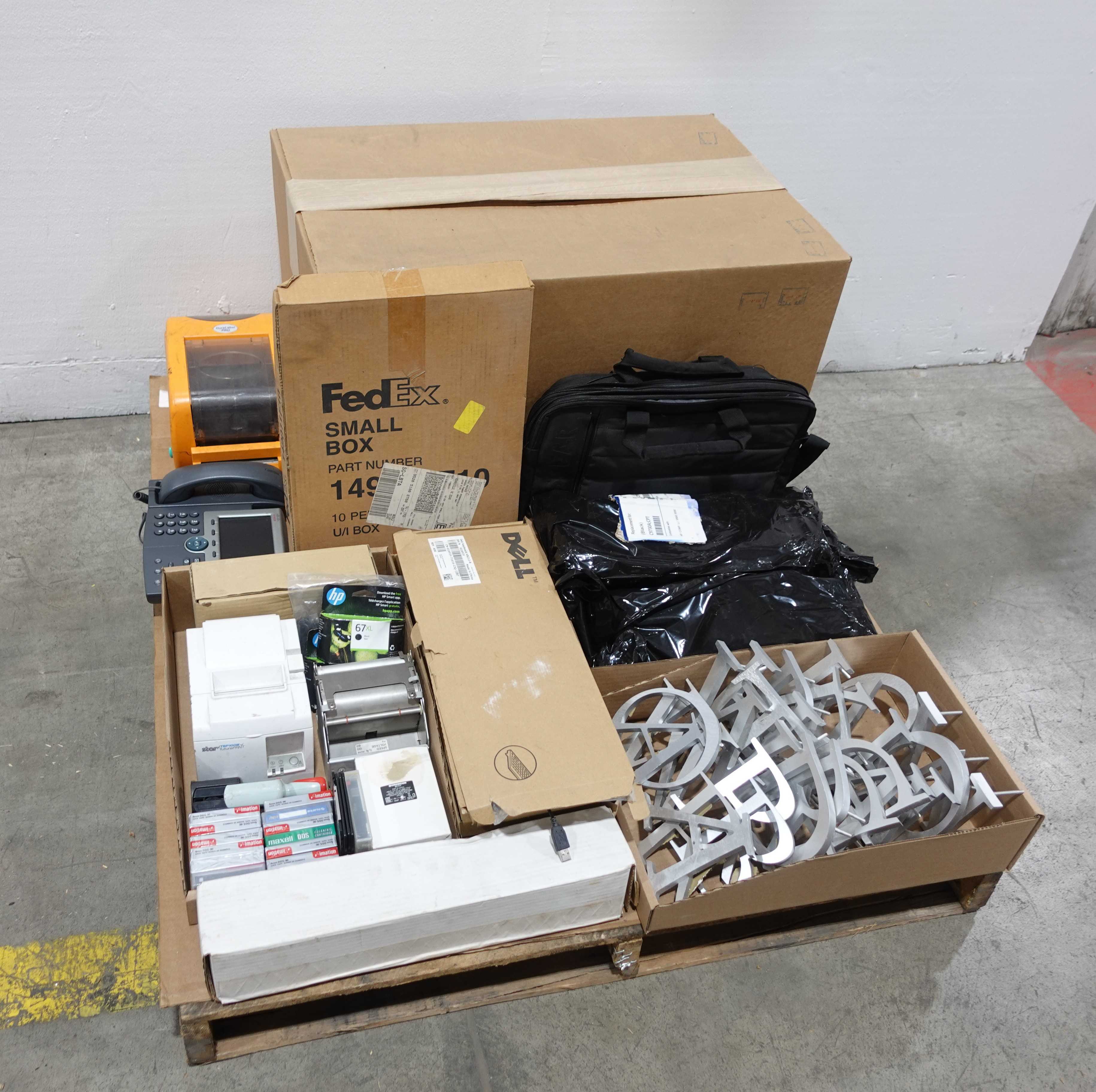 PALLET OF ASSORTED OFFICE SUPPLIES, TONER, LABEL PRINTERS, PACKAGING MACHINE, PHONE, SIGNAGE - MISCELLANEOUS