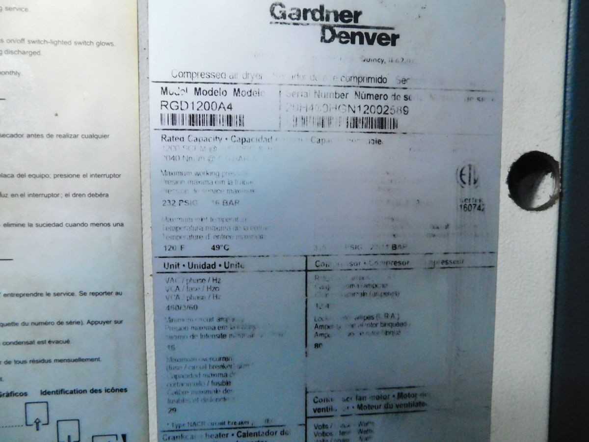GARDNER DENVER RGD1200A4 DRYER, 1200 SCFM FLOW, 38°F DEW PT, 480V POWER, 200 PSI MAX PRESS - AIR DRYERS
