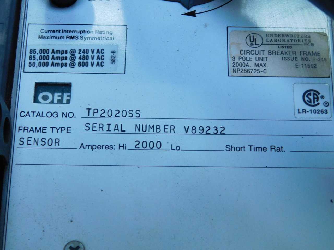 GE RMS-9 TP2020SS CB, 3 POLES, 2000A CURRENT, 600 VAC VOLTAGE, LSI-G PROT, 65KAIC - INDUSTRIAL PARTS