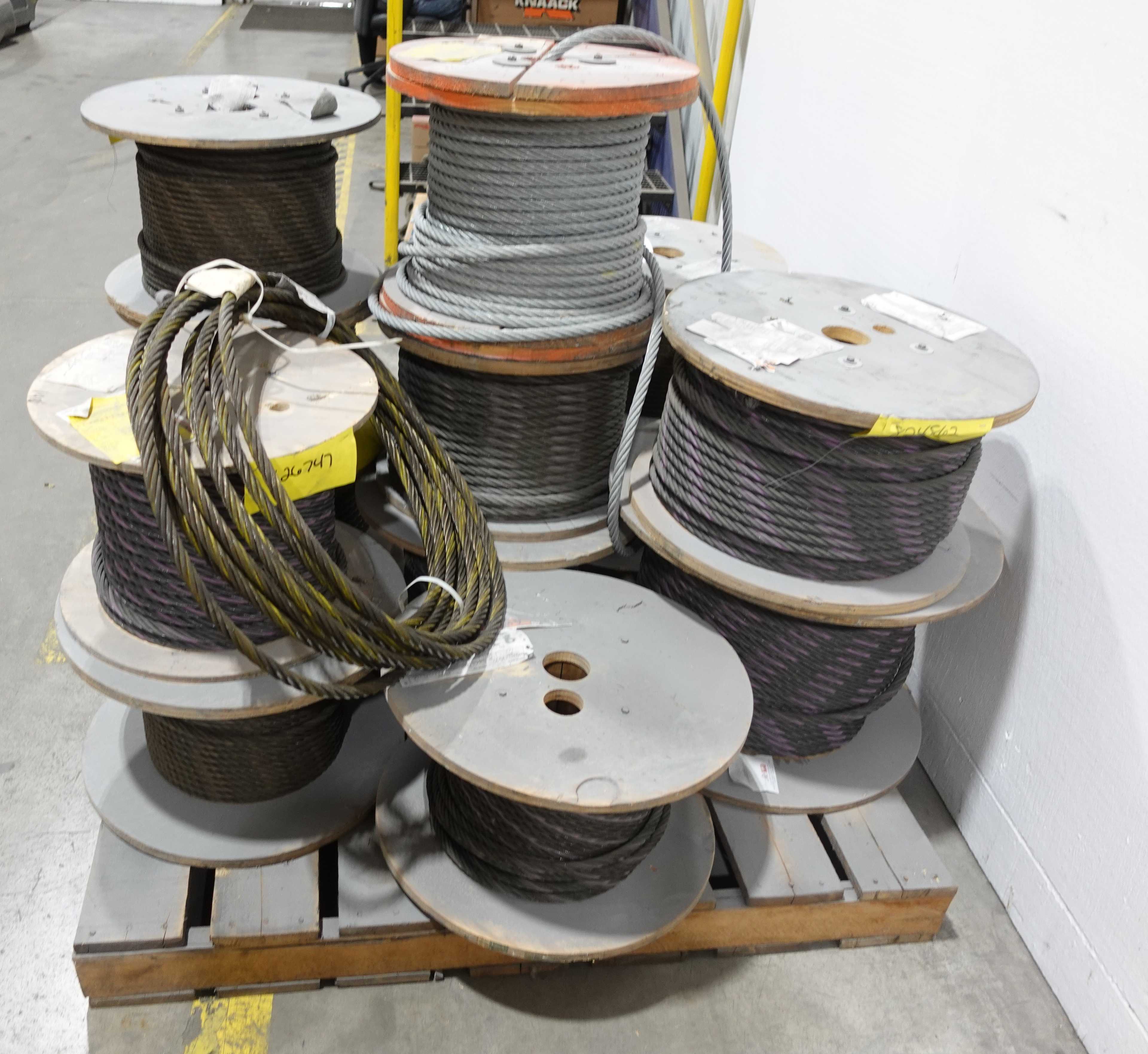 SKU 1760414 - PALLET OF ASSORTED SPOOLS OF WIRE ROPE - LIFTING EQUIPMENT