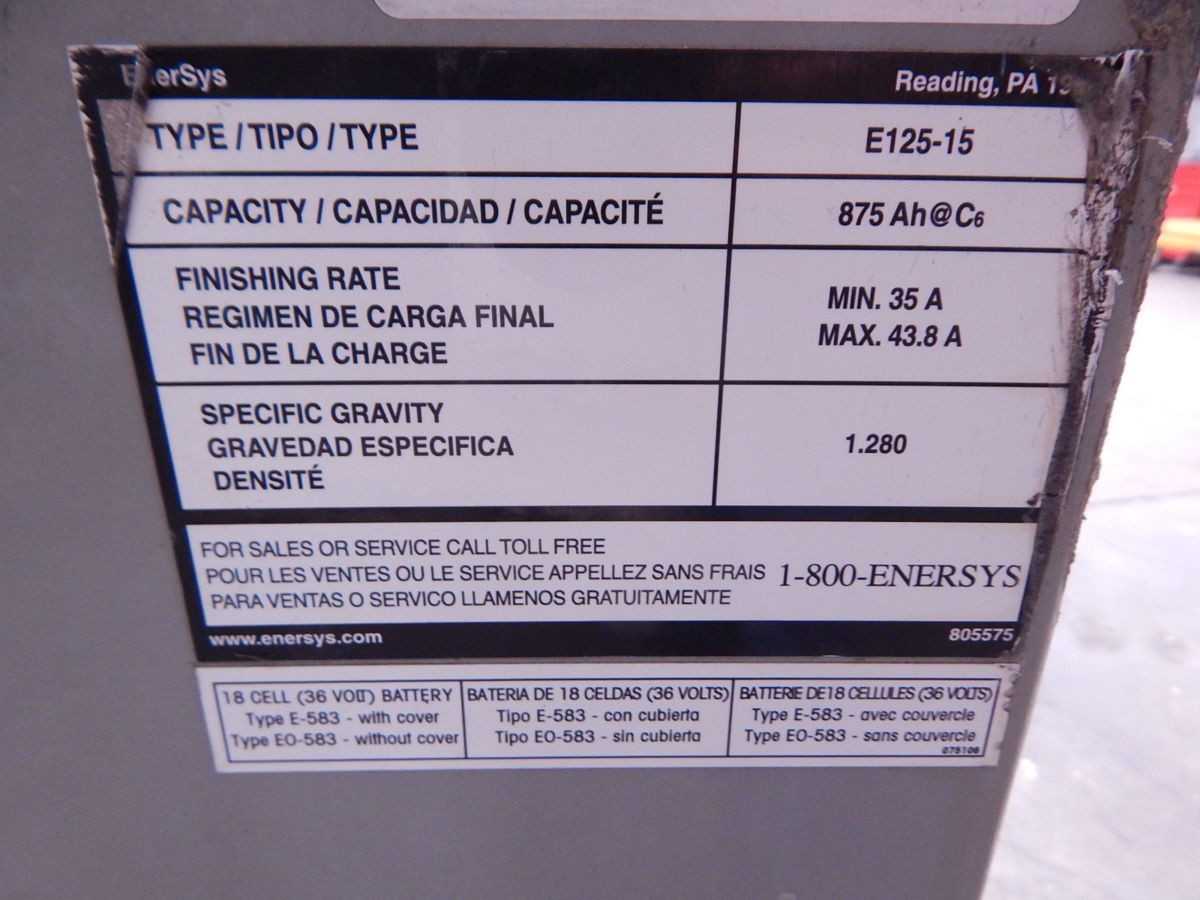 ENER SYS E125-15 18 BATTERY, 36V VOLTAGE, 875AH CAPACITY, 38X18X29 IN - ELECTRICAL EQUIPMENT