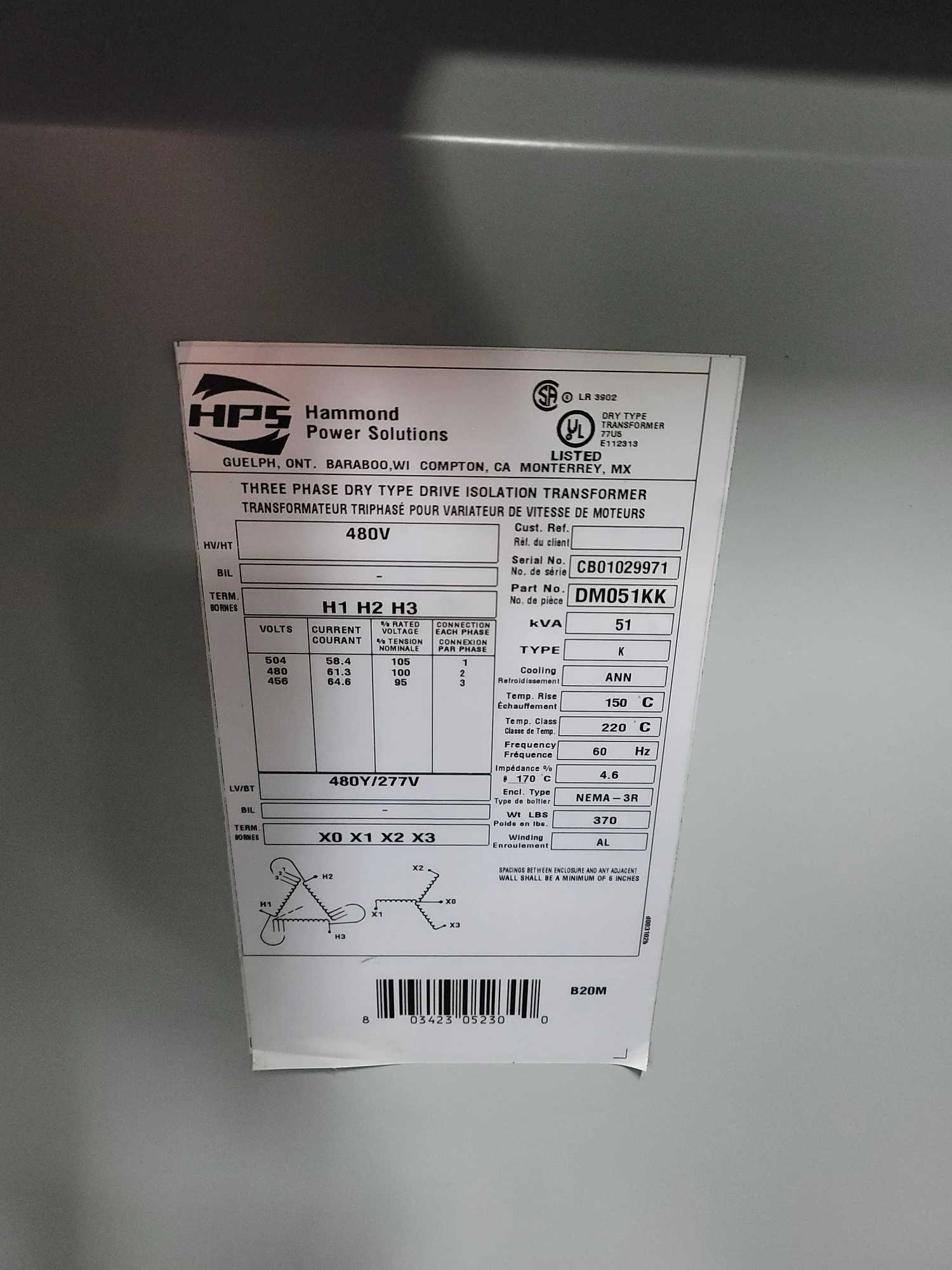 HAMMOND POWER DM051KK 51KVA DRIVE ISOLATION TRANSFORMER, 480D PRI/480Y SEC, NEMA 3R - DRY TRANSFORMERS