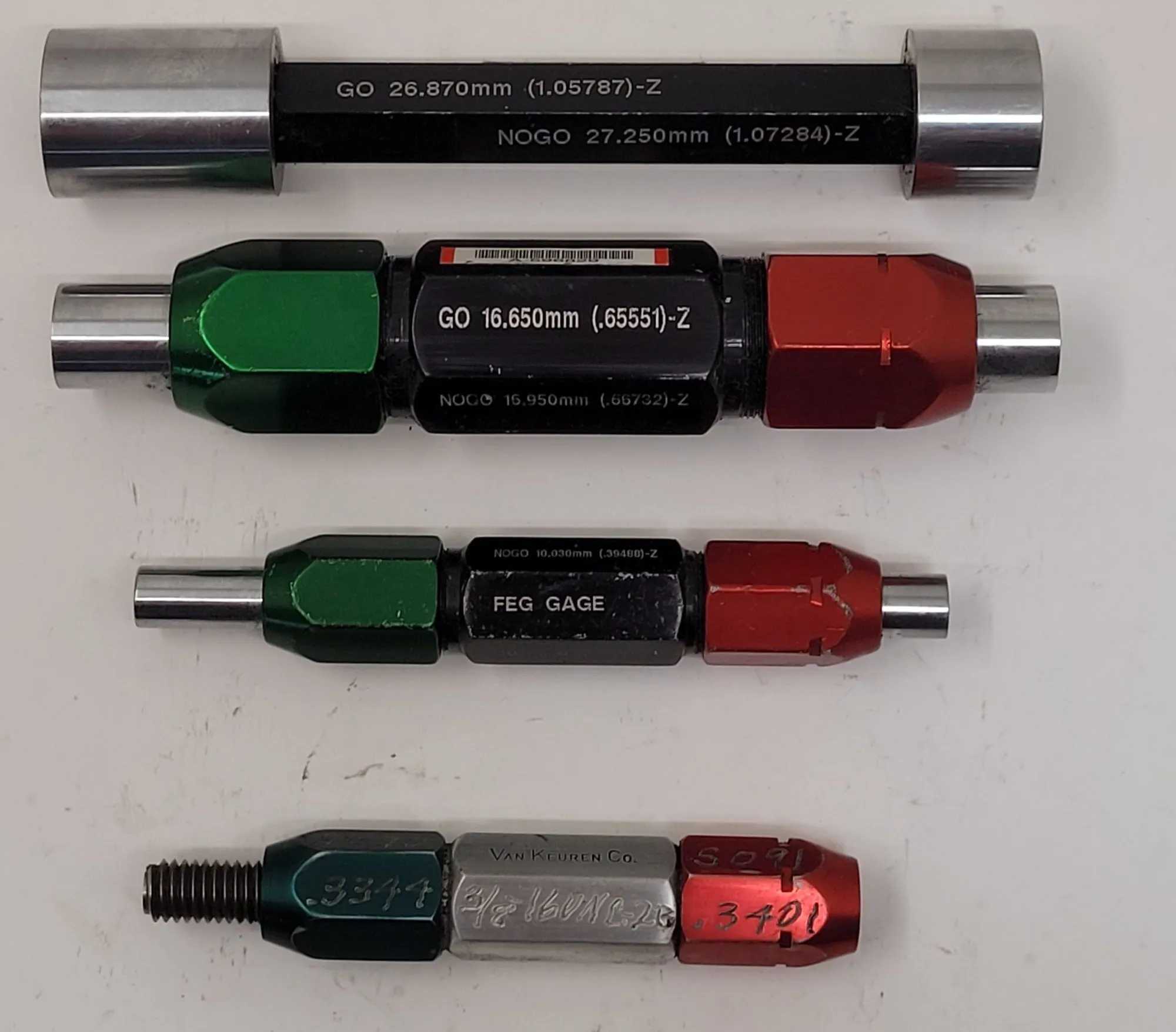 FEG GAGE GO/NO GO PLUG GAUGE SET OF 4 – VARIOUS SIZES - MACHINE TOOLING