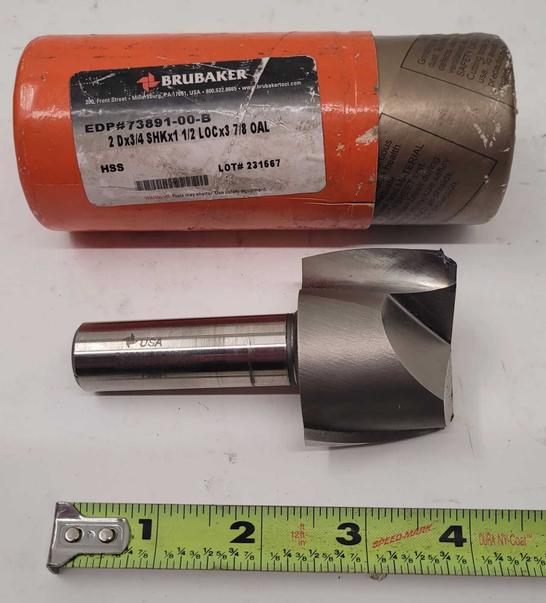 BRUBAKER END MILL, 2 FLUTE, STRAIGHT SHANK, 3 7/8" OVERALL LENGTH, 2" CUTTER DIAMETER - MACHINE TOOLING
