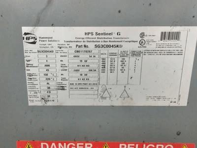 HPS SG3C0045KD SENTINEL G 3PH 45KVA 480D-240D/120CT TRANSFORMER - DRY TRANSFORMERS