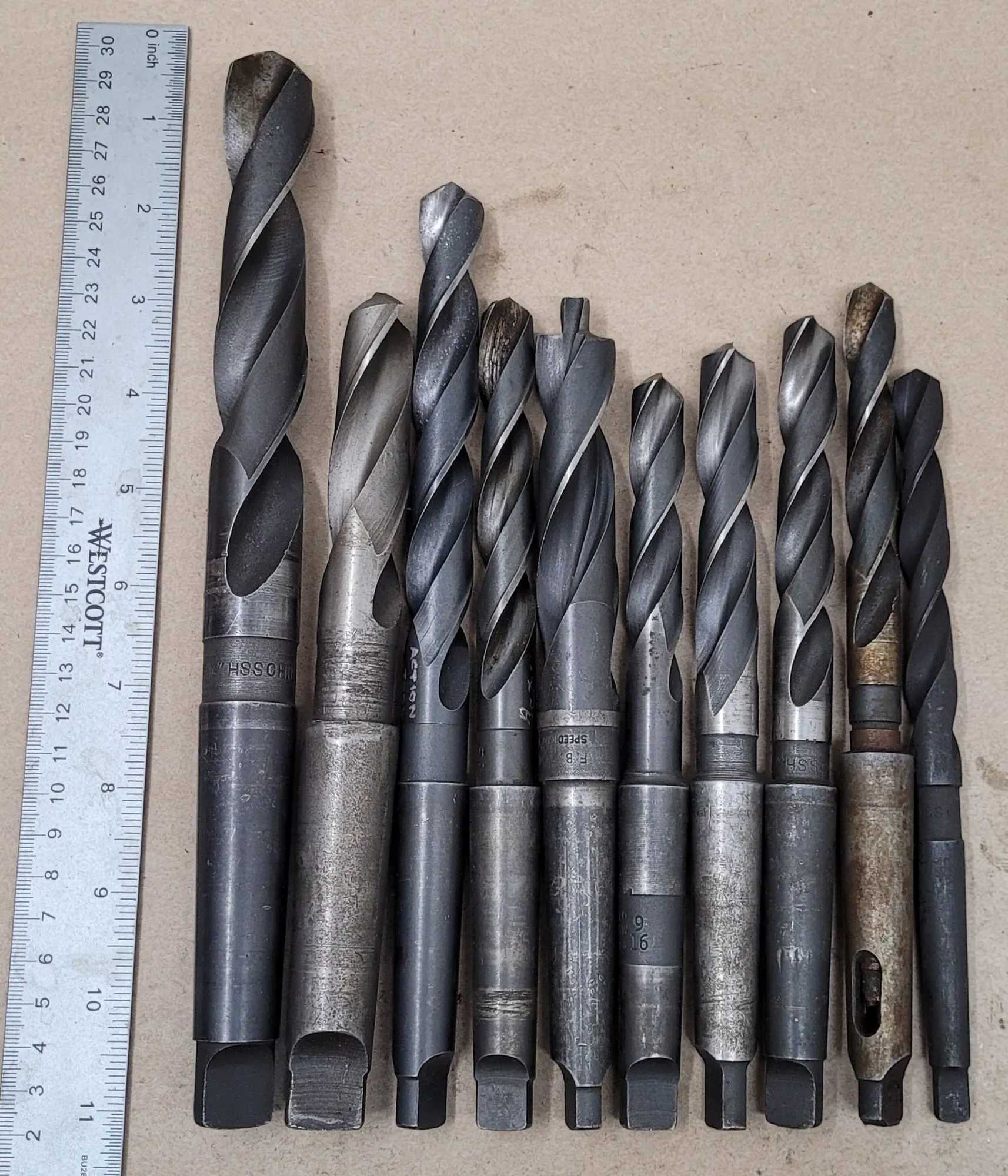 10-PIECE HSS TAPER SHANK TWIST DRILL SET, 1/2" TO 15/16", MT1-MT3 SHANKS, 7" TO 10-3/4" OAL - MACHINING TOOLING & PARTS