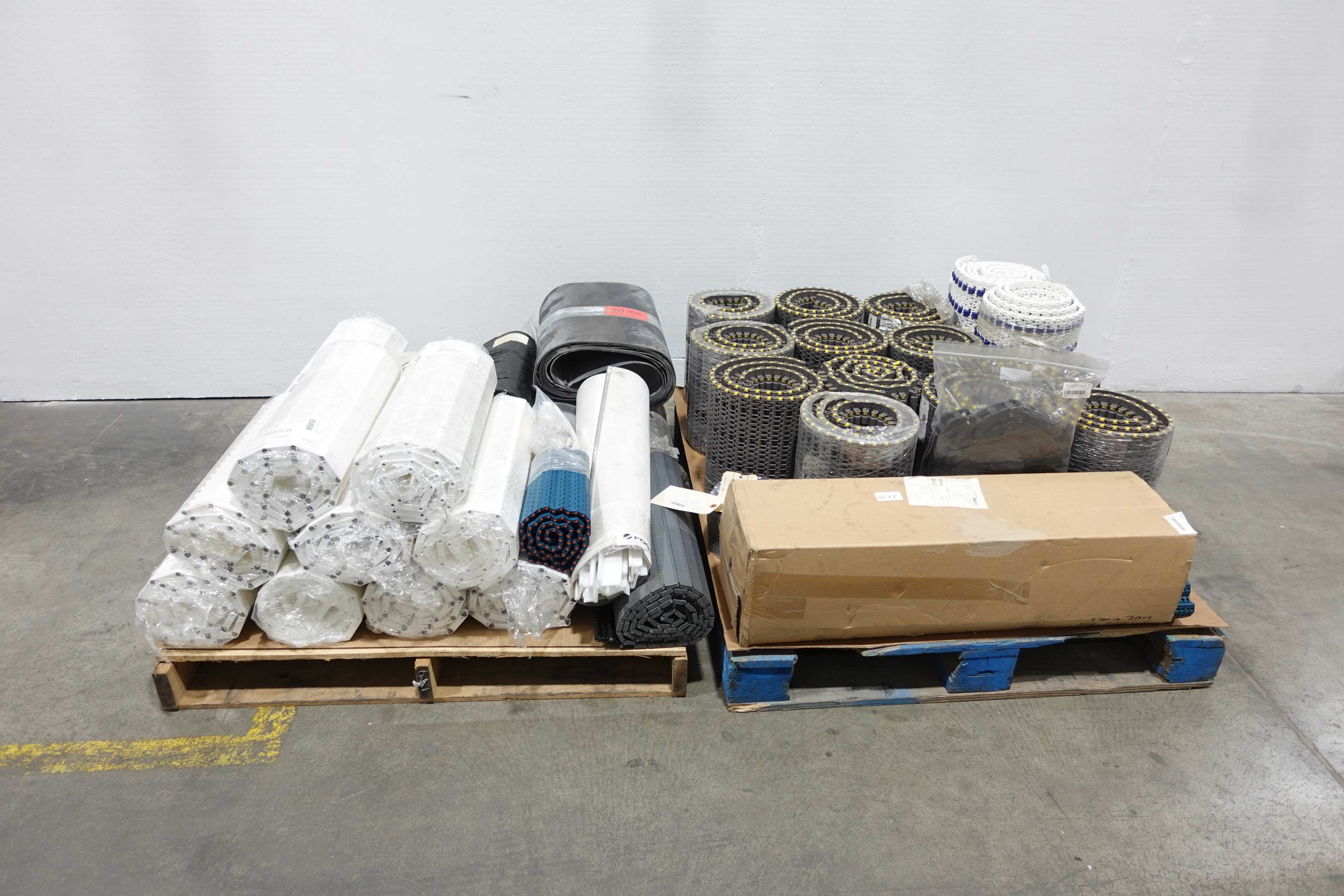 SKU1079609 - 2 PALLETS OF ASSORTED PLASTIC AND RUBBER CONVEYOR BELTS - CONVEYOR PARTS