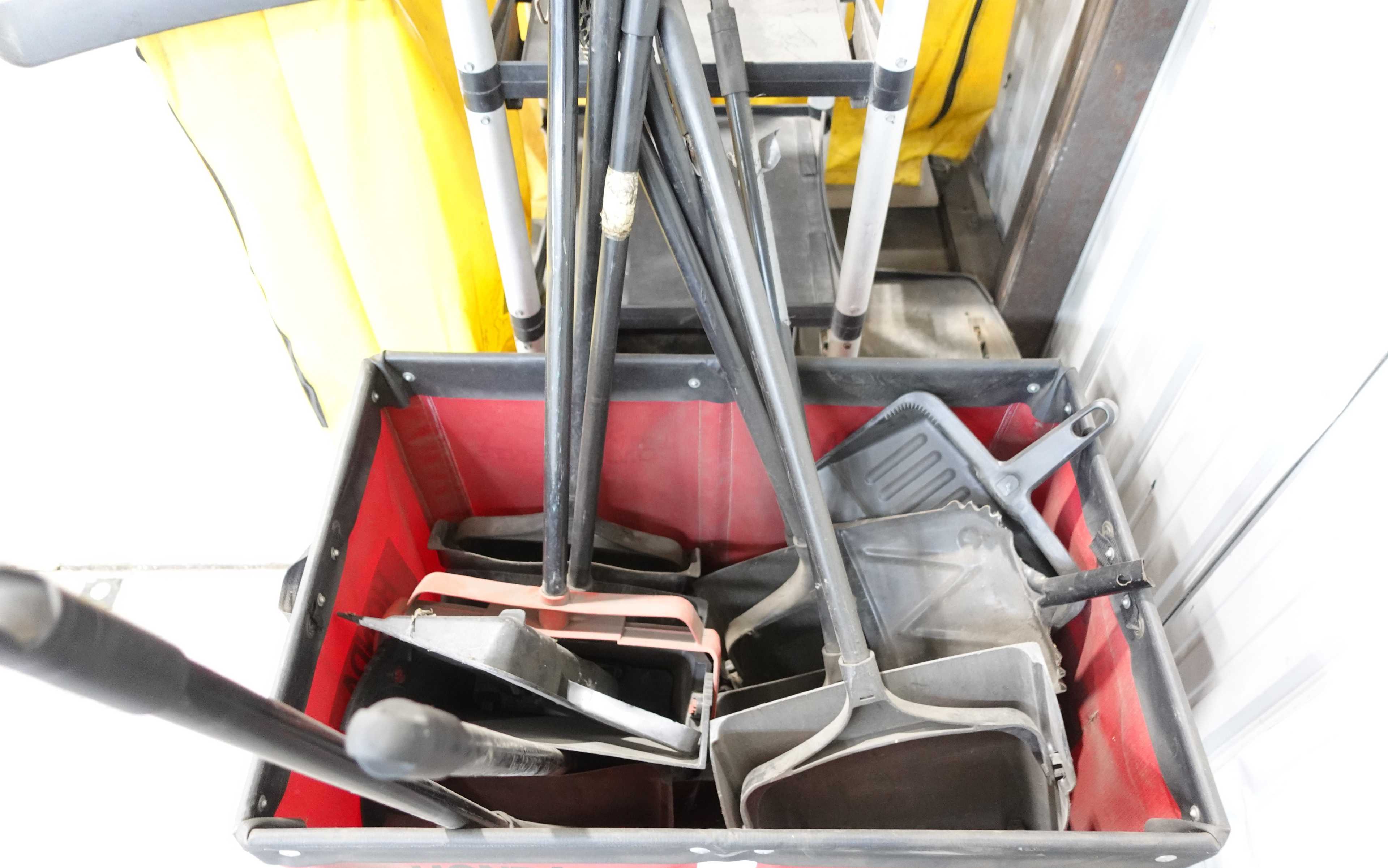 LOT OF JANITORIAL PUSH CARTS, BROOMS AND DUST PANS - CLEANING EQUIPMENT