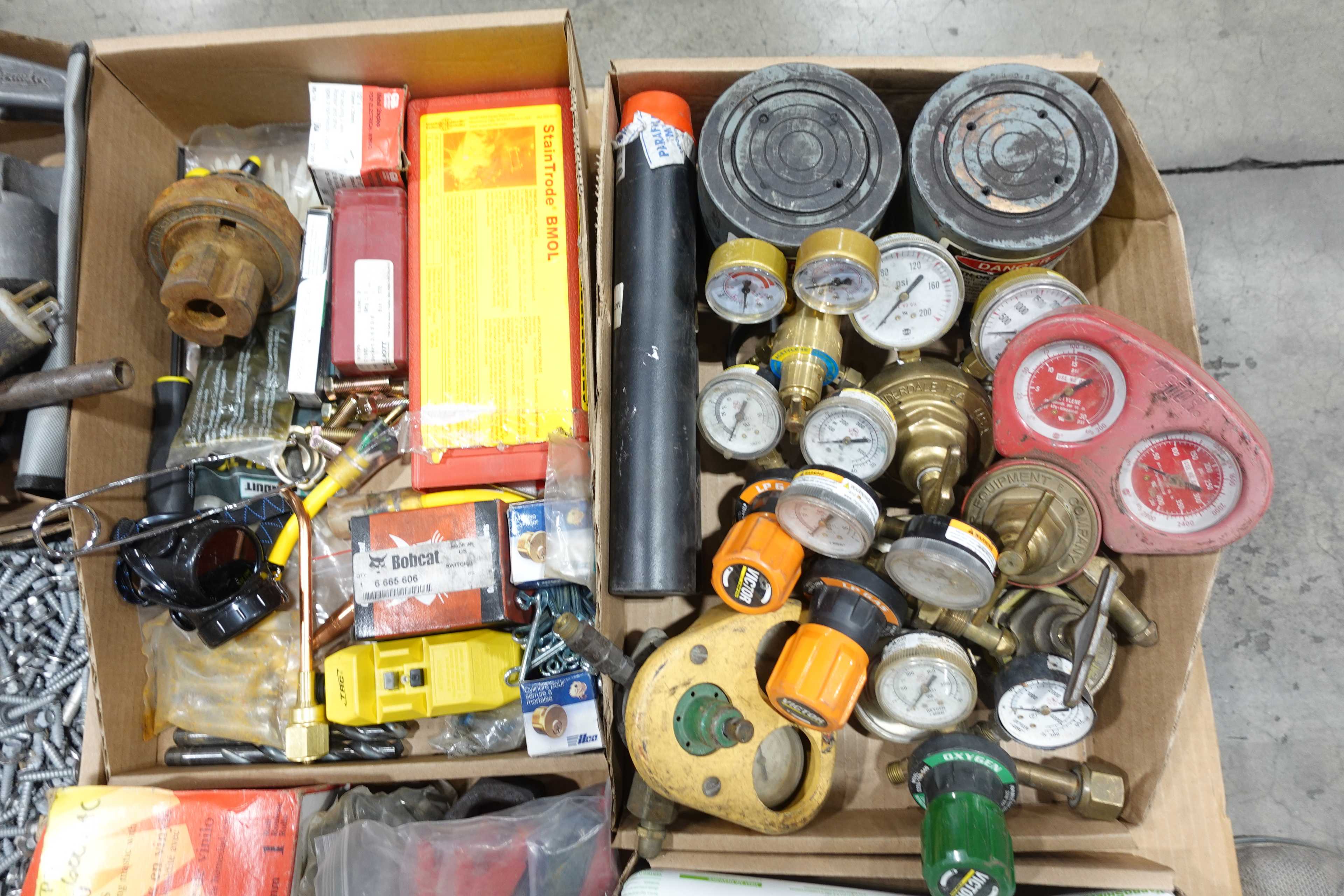 3 PALLETS OF ASSORTED SHOP SUPPLIES, HAND TOOLS, HARDWARE, AND WELDING/CUTTING EQUIPMENT - TOOLS