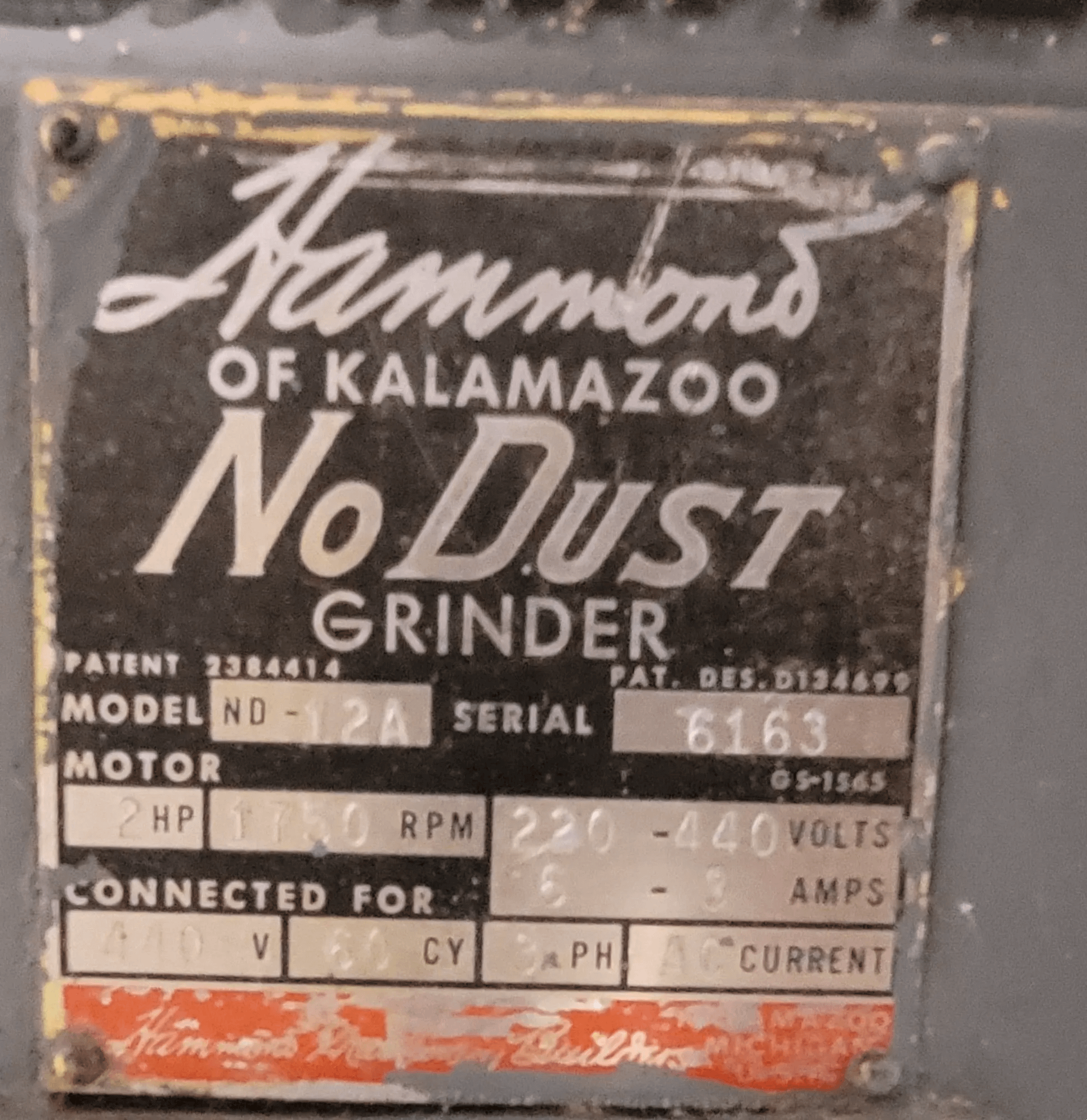 1966 HAMMOND 12A PEDESTAL GRINDER, 2 HP, 1750 RPM, 12" WHEELS, 220-440V, 3PH, DUST COLLECTION - GRINDING MACHINES