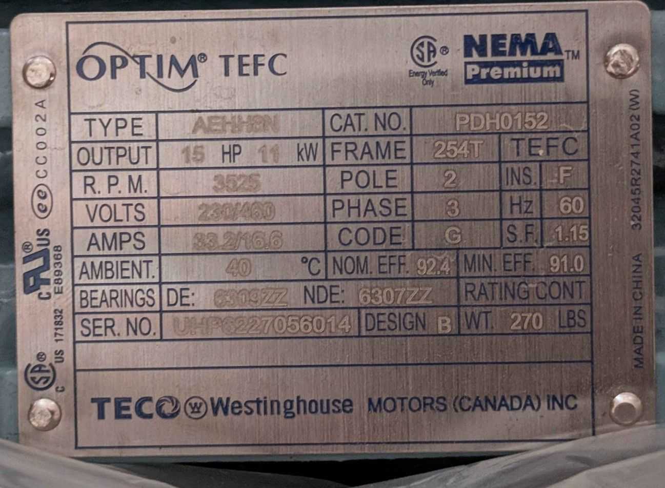 15 HP TECO WESTINGHOUSE AEHH8N ELECTRIC DRIVER - MOTOR DRIVES