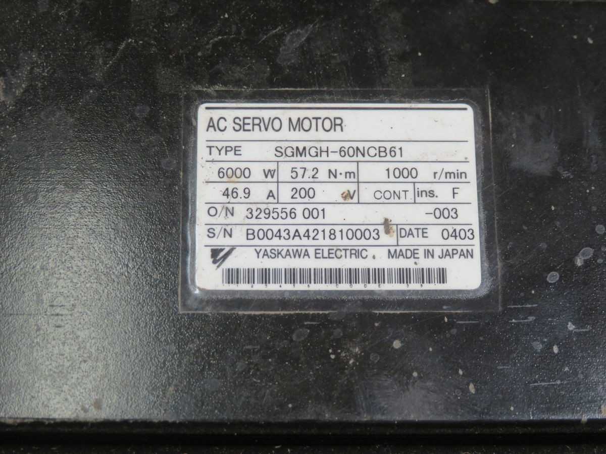 YASKAWA SGMGH-60NCB61 SERVO MOTORS, 6.0 KW POWER, 86.1 NM PEAK TORQUE, 3000 R/MIN MAX SPEED - SERVO MOTORS