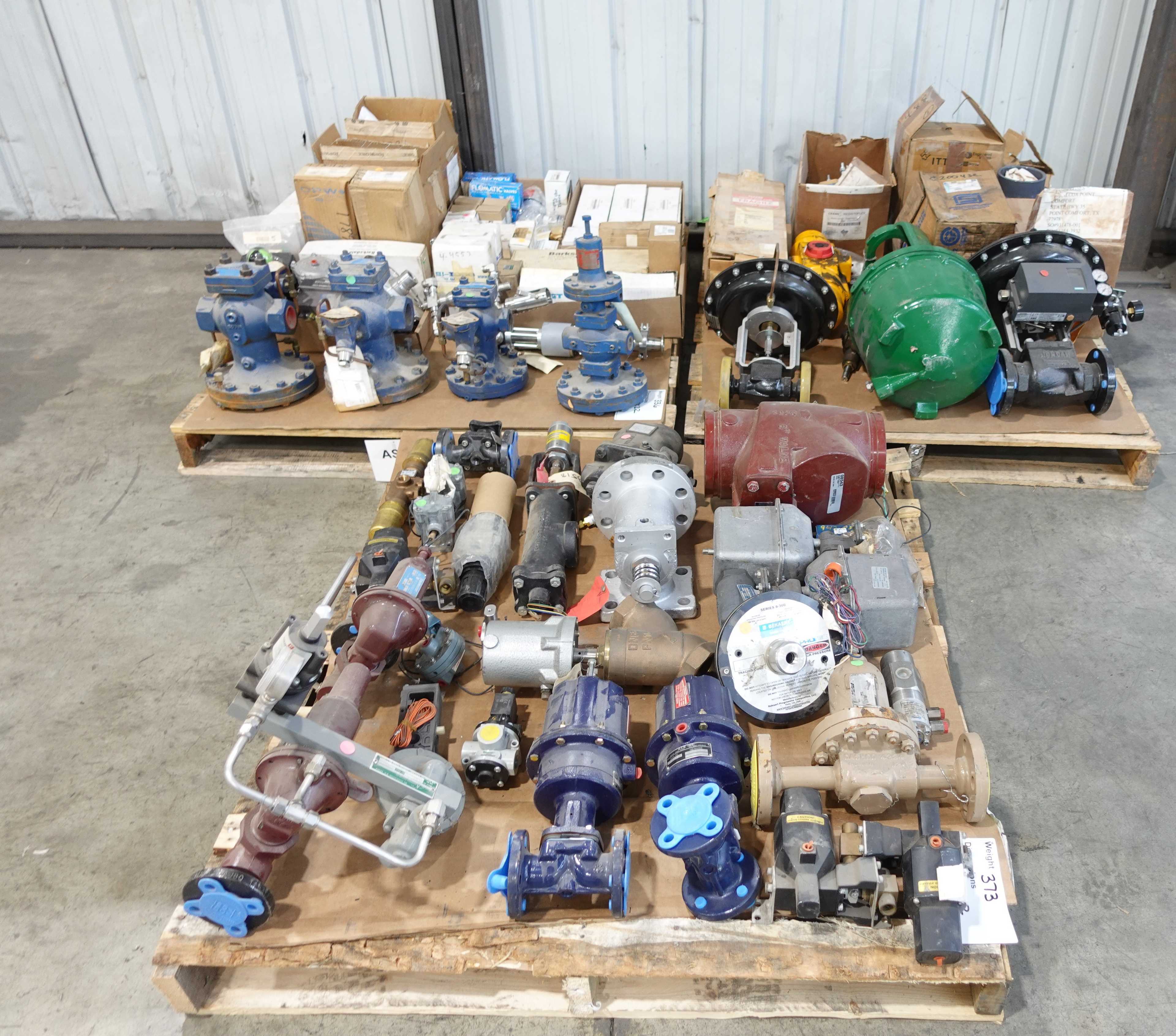3 PALLETS OF ASSORTED VALVES AND VALVE PARTS, ITT, FISHER, JAMESBURY, PARKER, BARKSDALE, JORDAN